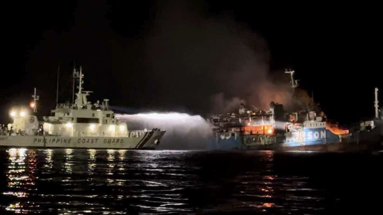 The MV Lady Mary Joy at Basilan, southern Philippines early Thursday. Multiple people died and others were missing after an inter-island cargo and passenger ferry caught fire.