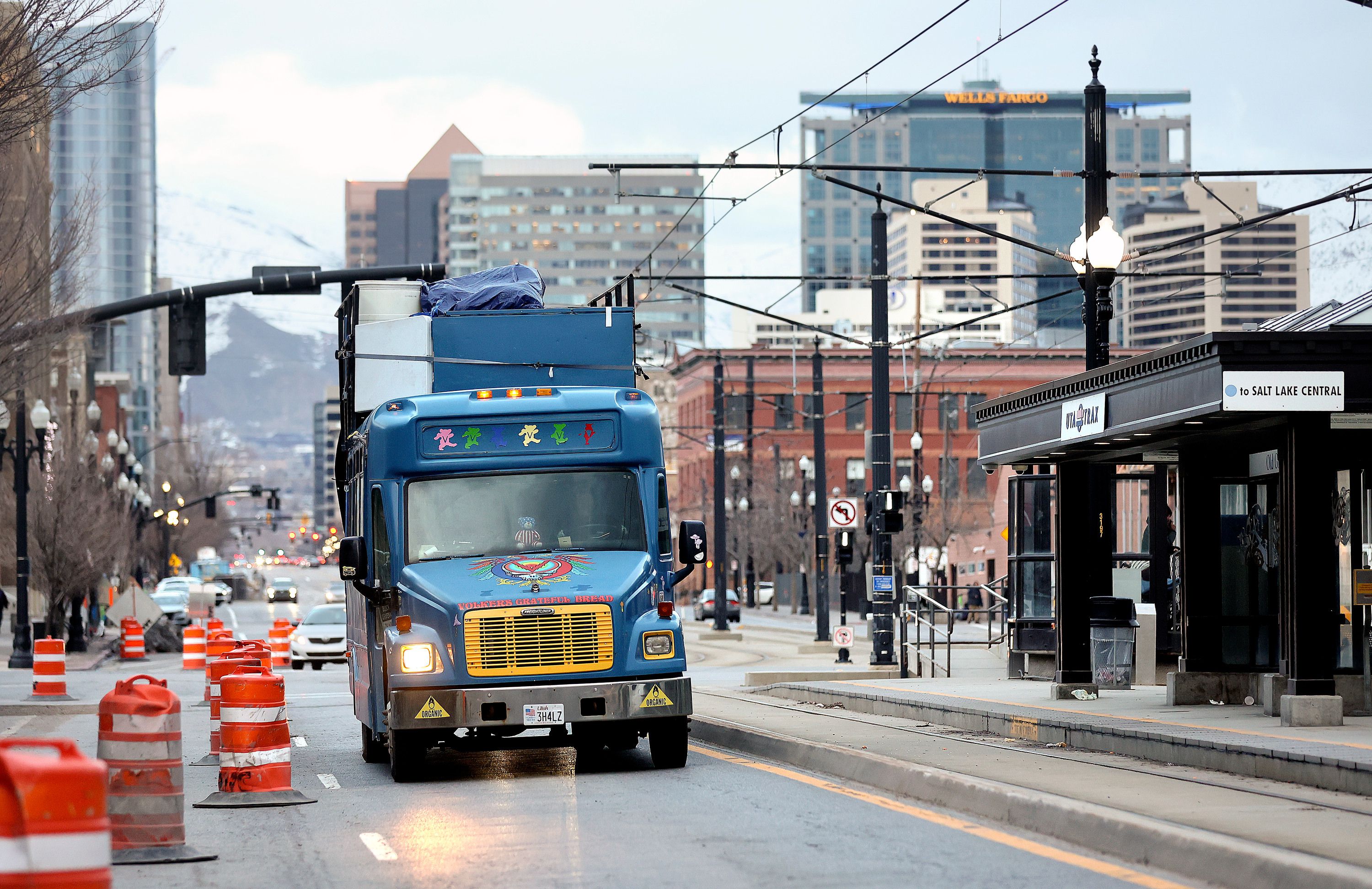 The Nomad Alliance bus, which provides shelter and warmth to unsheltered people, moves through downtown Salt Lake City, relocating to West Valley City on March 13.