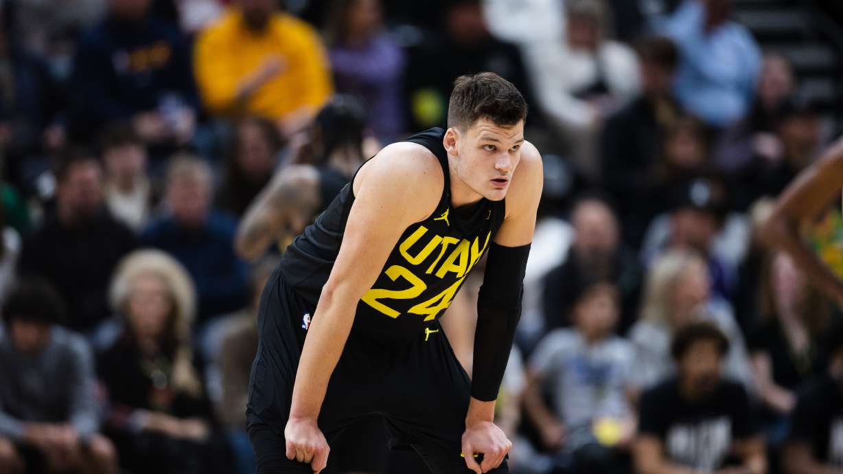 Utah Jazz center Walker Kessler (24) prepares for the ball during an NBA game at Vivint Arena in Salt Lake City on Saturday, Feb. 25, 2023.