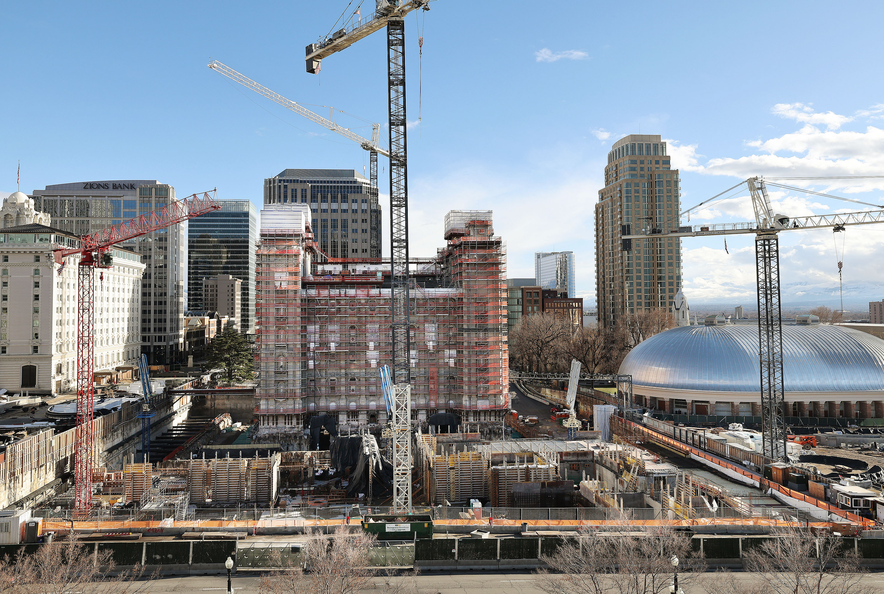 Renovation continues on the Salt Lake Utah Temple and Temple Square in Salt Lake City on March 24. The first of five general conference sessions of The Church of Jesus Christ of Latter-day Saints began Saturday morning.