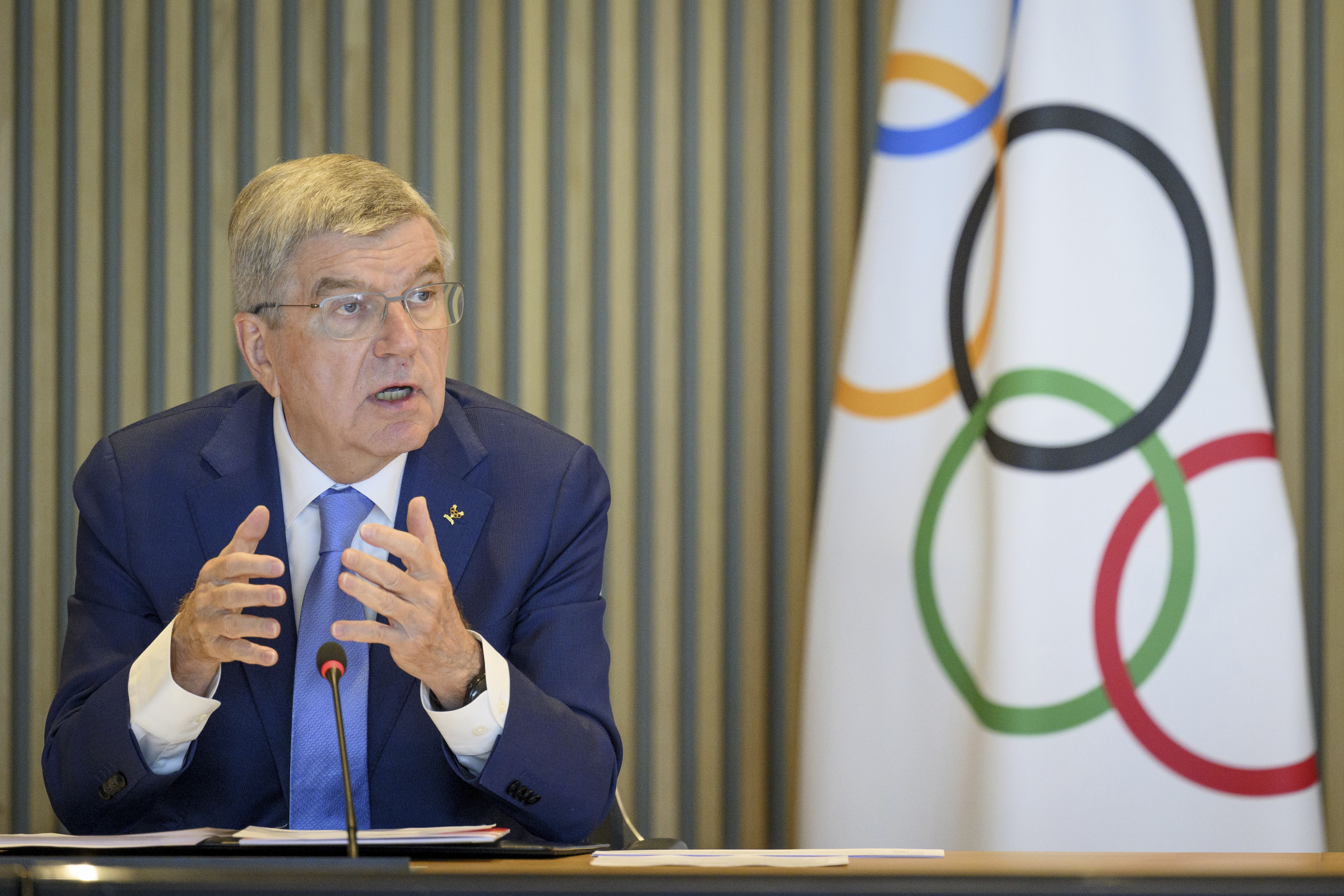 International Olympic Committee President Thomas Bach speaks at the opening of the executive board meeting of the International Olympic Committee in Lausanne, Switzerland, Tuesday, March 28, 2023. The IOC Executive Board is set to discuss the results of consultations regarding the status of athletes from Russia and Belarus in its meeting set to run until March 30.