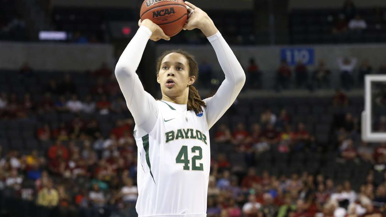 FILE - Baylor's Brittney Griner shoots a foul shot against Louisville in the second half of a regional semifinal game in the women's NCAA college basketball tournament in Oklahoma City, April 1, 2013. LSU coach Kim Mulke said Thursday, March 30, 2023, that she has not spoken to Griner since the former Baylor star was returned to the U.S. from a Russian prison, but says she is glad Griner is back and safe.