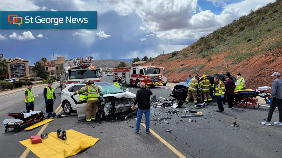 Scene of a four-vehicle crash on Bluff Street between 500 and 600 South is pictured in St. George, Thursday.