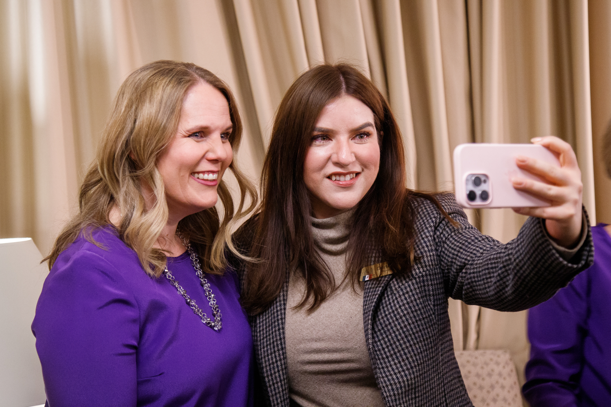 Denisse Elorza Avalos of Tijuana, Mexico, takes a selfie with another Tabernacle Choir member following a rehearsal on March 19. She is one of 10 international participants who will sing with the choir during this weekend's general conference of The Church of Jesus Christ of Latter-day Saints.