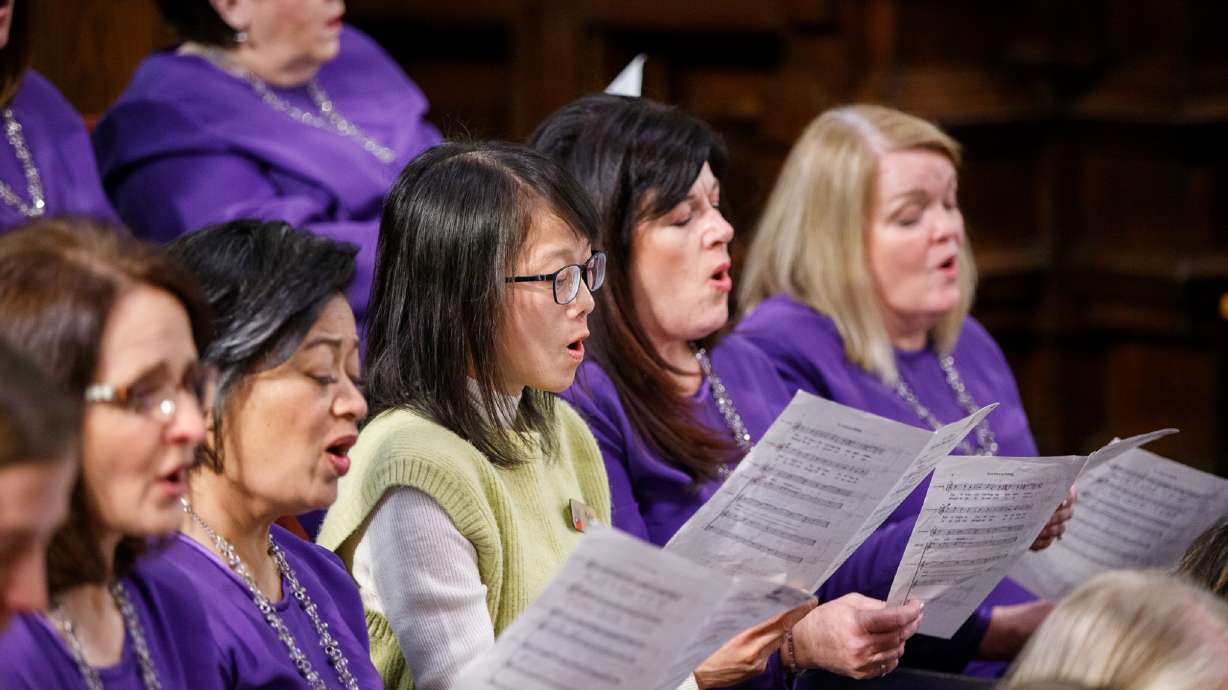 Chung Pei-Shan from Taipei, Taiwan, joins the Tabernacle Choir at Temple Square for a rehearsal on March 19. She is one of 10 international participants who will sing with the choir during the church's general conference this weekend.