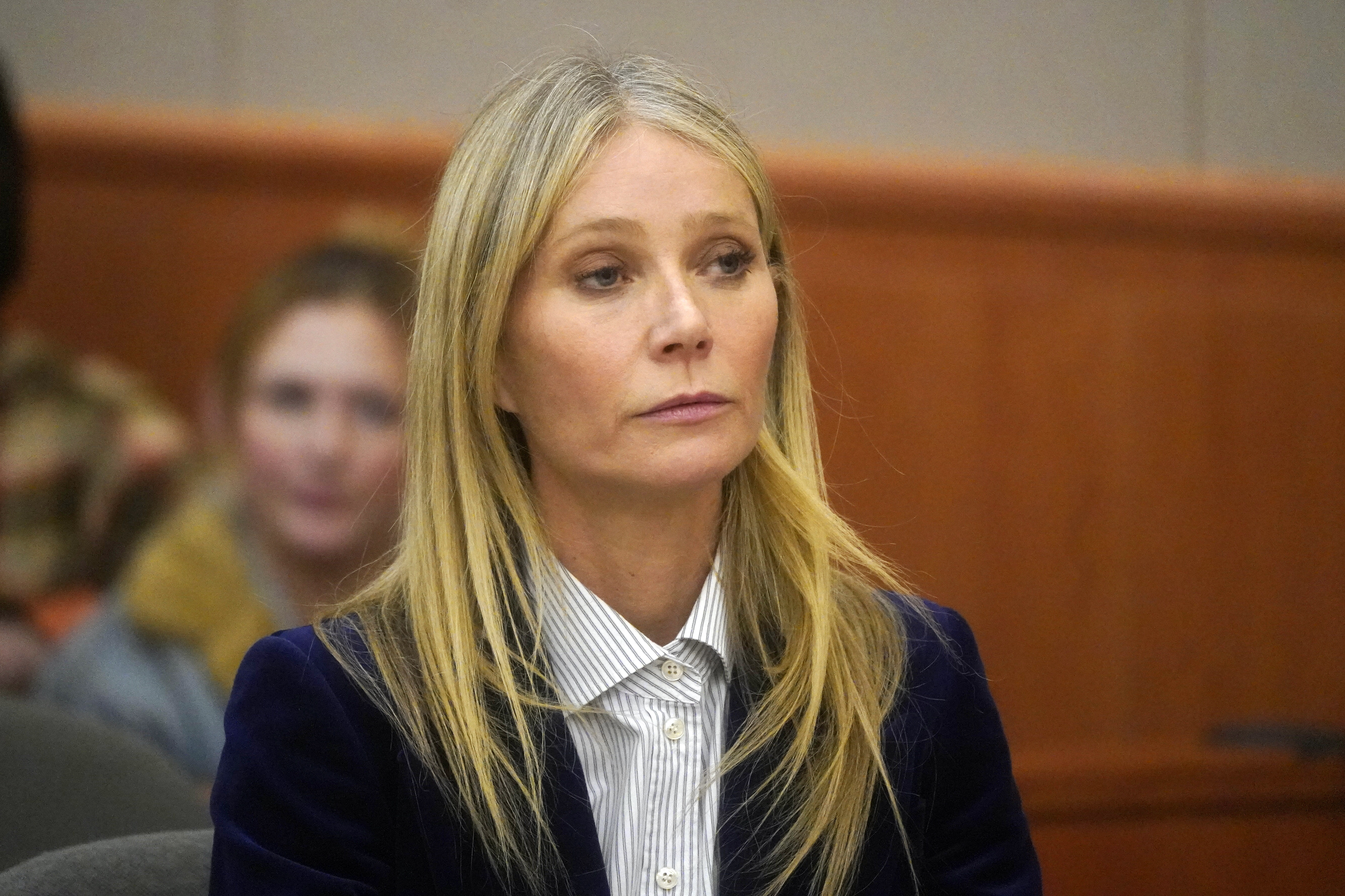 Gwyneth Paltrow reacts to the verdict in her trial, Thursday in Park City. Paltrow won her court battle over a 2016 ski collision at a posh Utah ski resort after a jury decided Thursday that the movie star wasn’t at fault for the crash.
