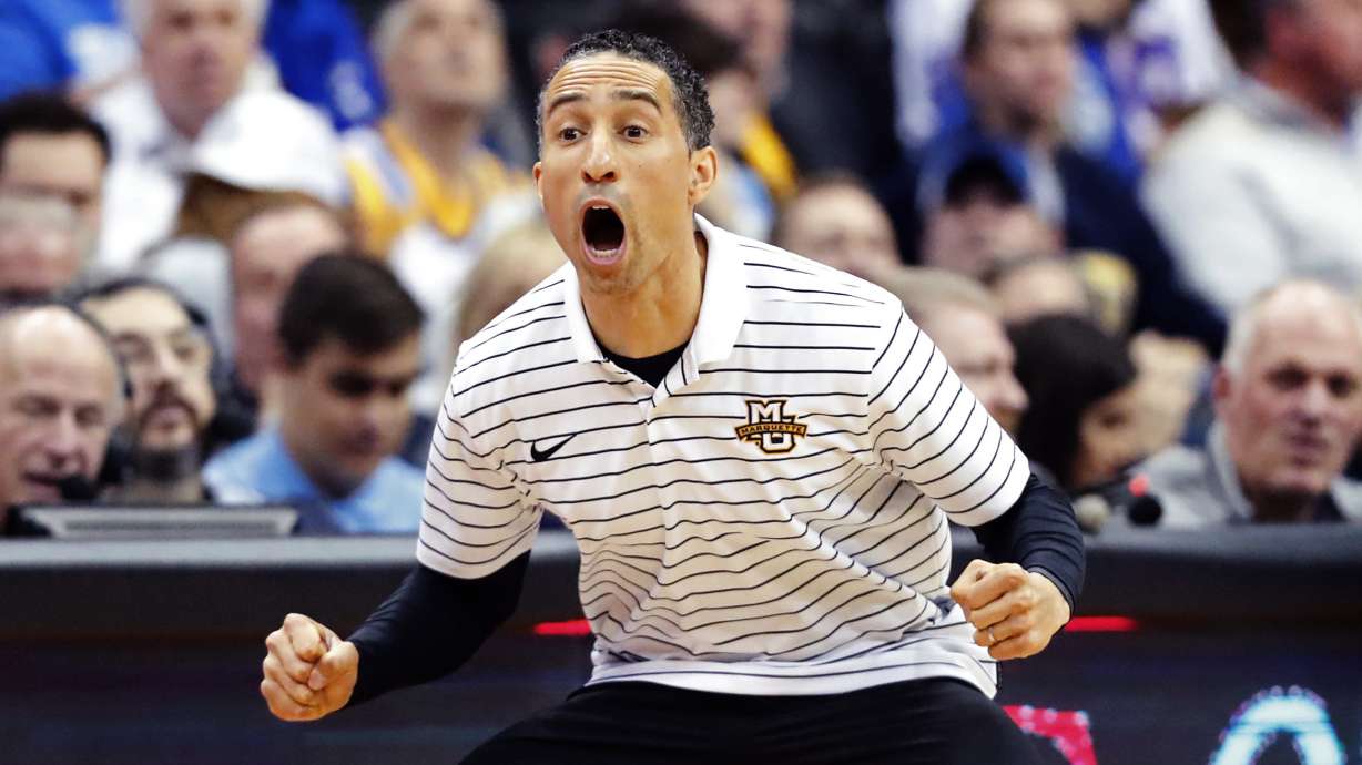 FILE - Marquette head coach Shaka Smart reacts during the second half of an NCAA college basketball game against Seton Hall in Newark, N.J., Saturday, Jan. 21, 2023. Smart was honored Friday, March 31 as The Associated Press men's college basketball Coach of the Year.
