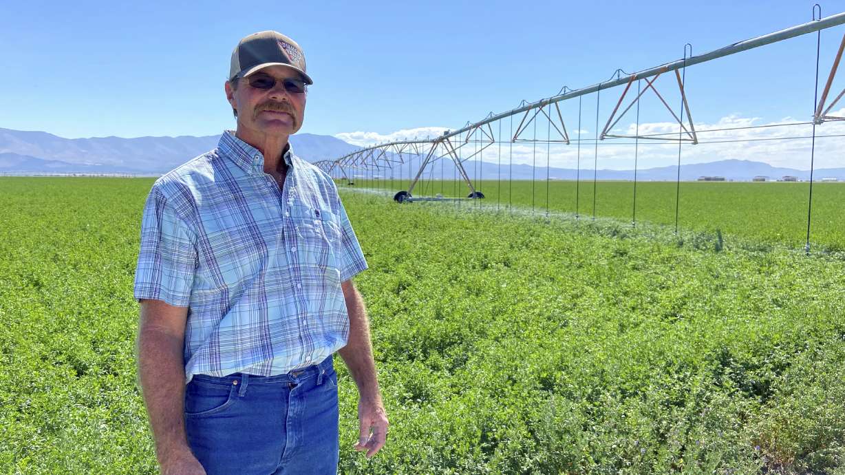 Marty Plaskett, a hay farmer in Diamond Valley, Nev., stands near one of his irrigation pivots on Sept. 2, 2022. Plaskett may soon consider selling off parts of his water rights back to the state of Nevada.