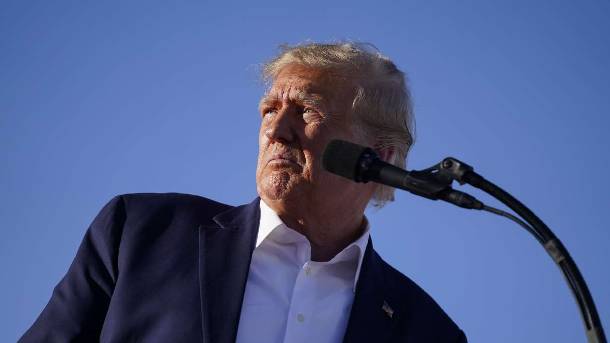 Former President Donald Trump speaks at a campaign rally at Waco Regional Airport, Saturday, in Waco, Texas. Trump has been indicted by a New York grand jury.