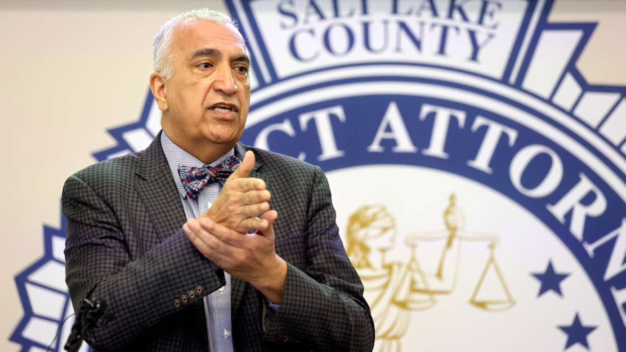 Salt Lake County District Attorney Sim Gill speaks during a press conference in Salt Lake City on March 31. On Friday, Gill announced that a Taylorsville police officer was legally justified in exchanging gunfire with a man in 2021.