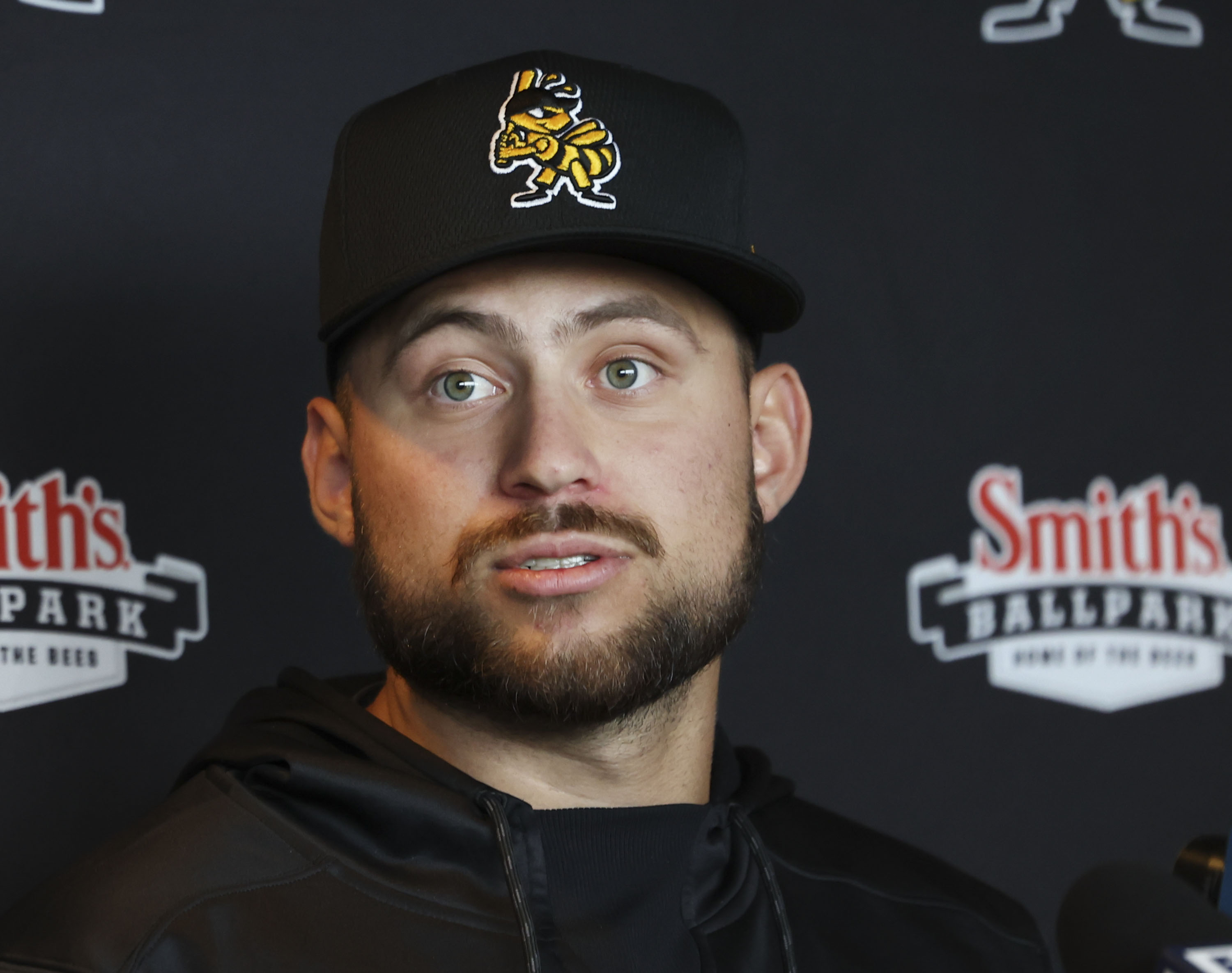 Salt Lake Bees pitcher Chase Silseth speaks during media day at Smith’s Ballpark in Salt Lake City on Thursday.