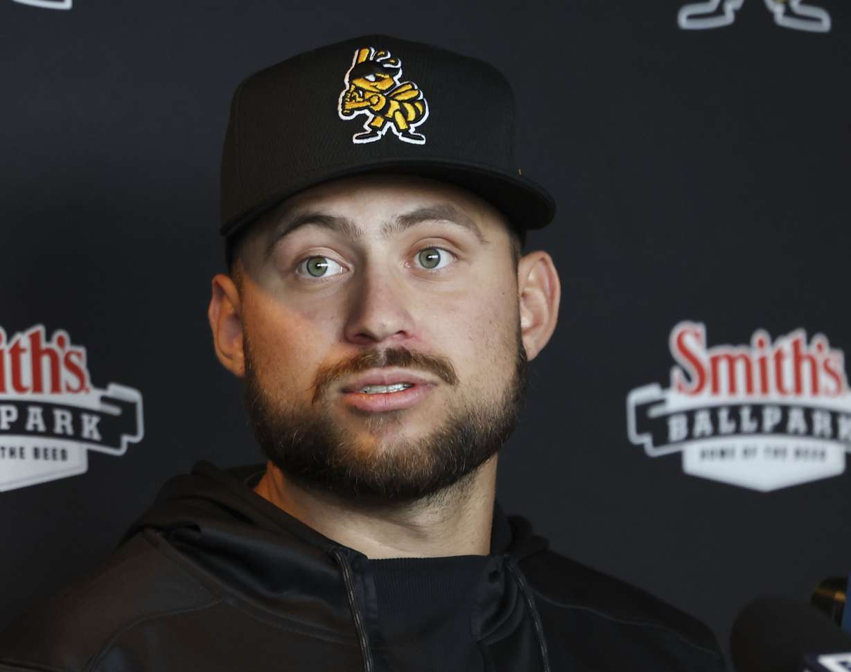 Salt Lake Bees pitcher Chase Silseth speaks during media day at Smith’s Ballpark in Salt Lake City on Thursday.