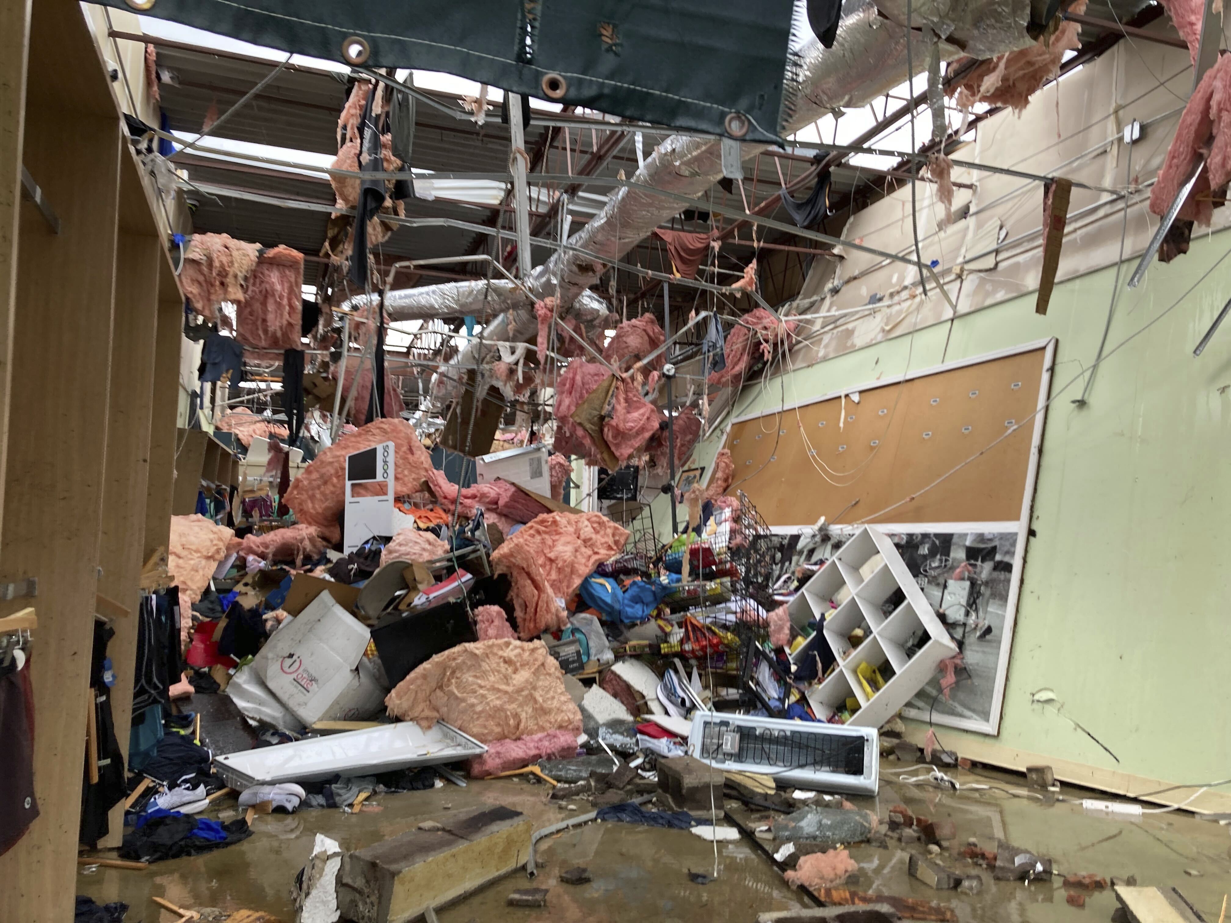The interior of store is damaged after a severe storm swept through Little Rock, Arkansas, Friday.