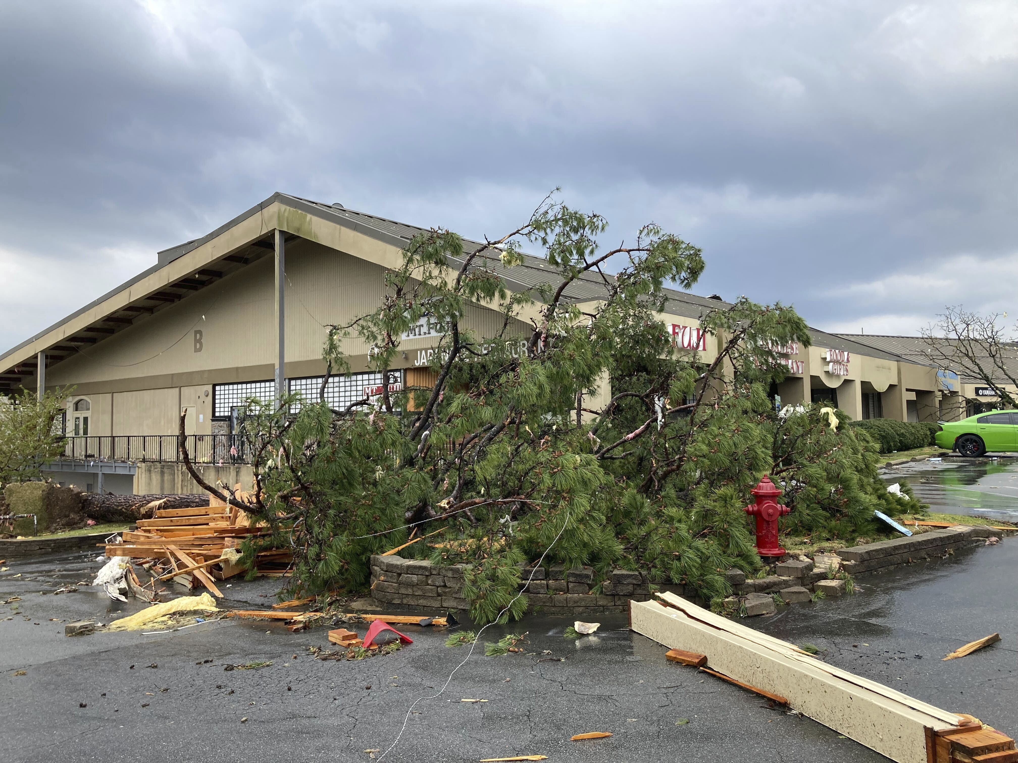 A building is damaged and trees are down after severe storm swept through Little Rock, Arkansas, Friday.