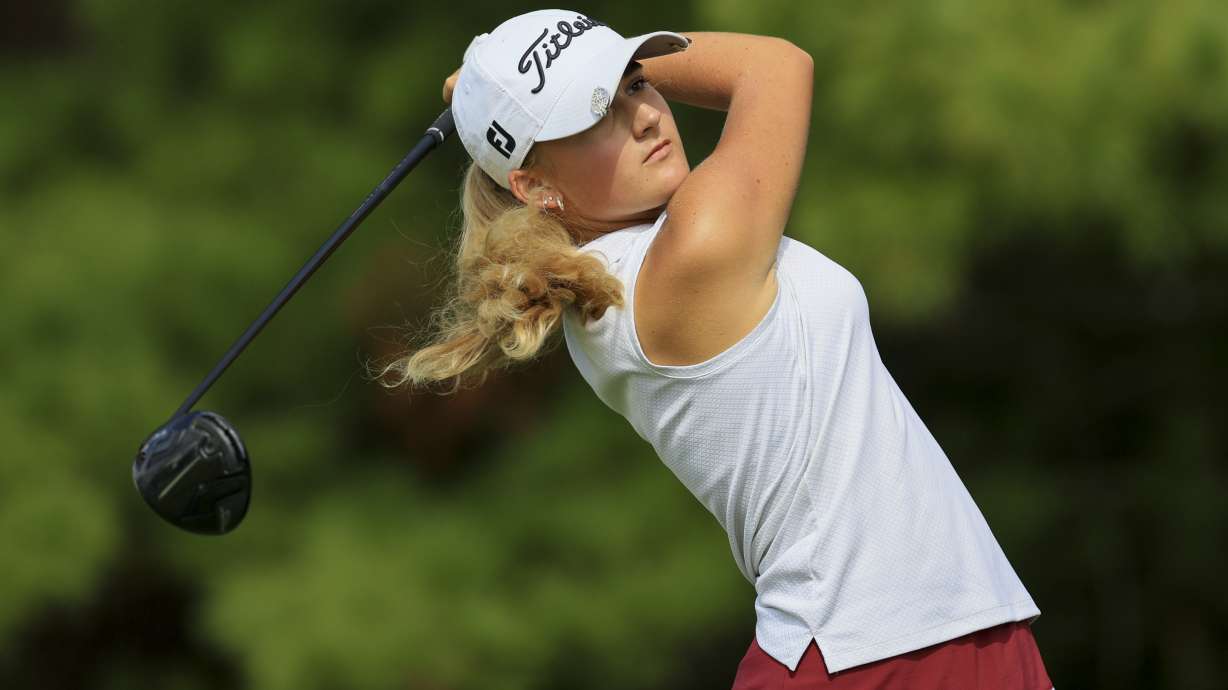 FILE - Gianna Clemente drives from the fifth tee during the second round of the LPGA Tour Kroger Queen City Championship golf tournament in Cincinnati, Friday, Sept. 9, 2022. The 15-year-old from Ohio has reached the final round of the Augusta National Women's Amateur at the home of the Masters.