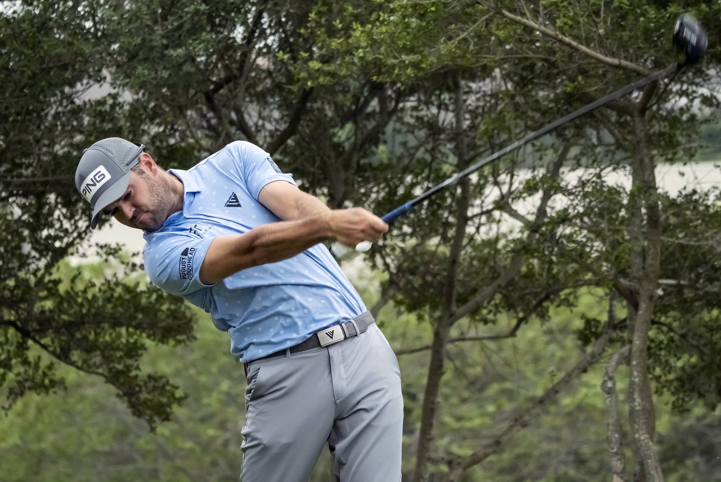 Corey Conners tees off on the 18th hole during the first round of the Valero Texas Open golf tournament, Friday, March 31, 2023, in San Antonio.