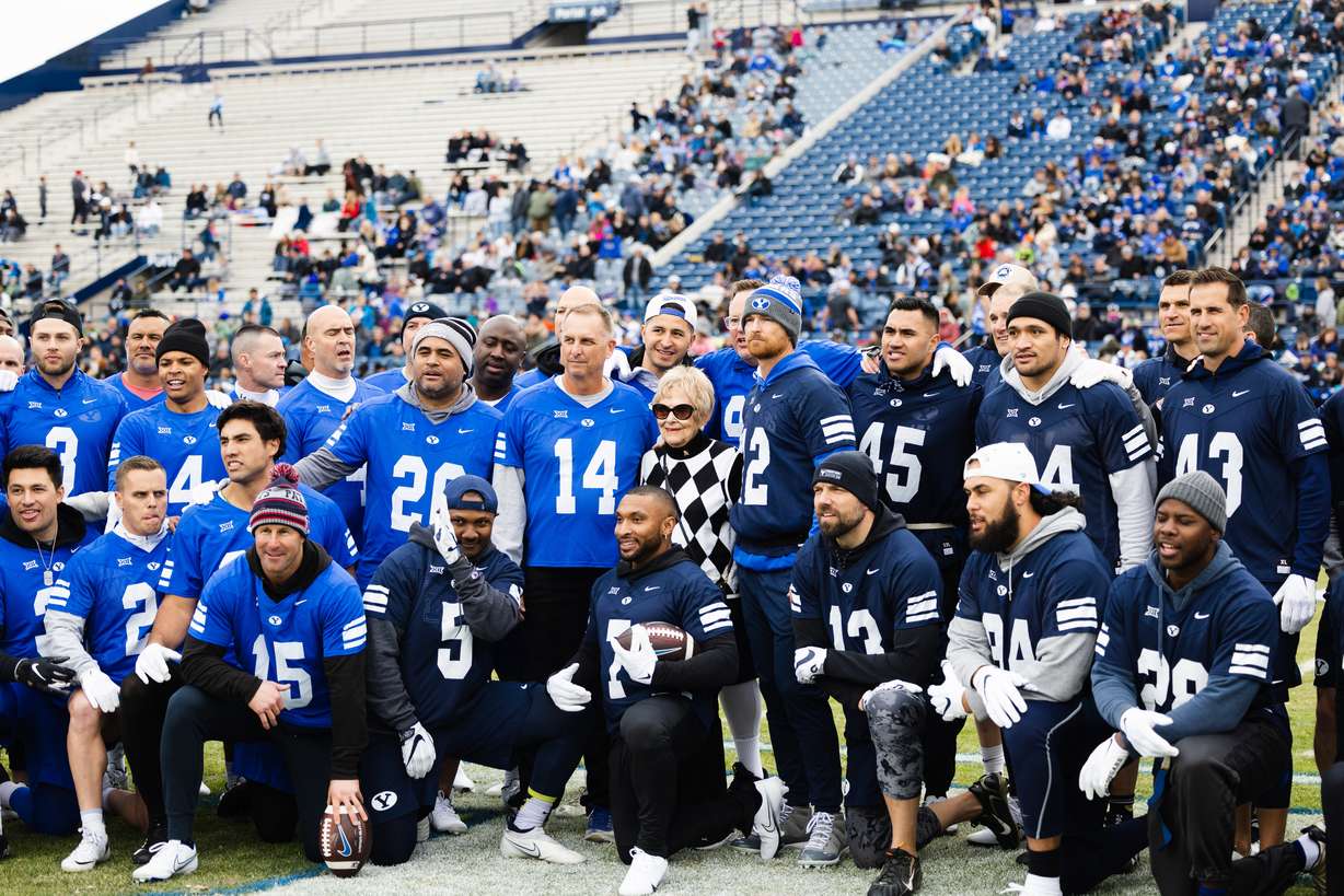 Patti Edwards, wife of late Brigham Young head coach LaVell Edwards, poses for a photo during the Brigham Young University alumni game at LaVell Edwards Stadium in Provo on March 31, 2023.