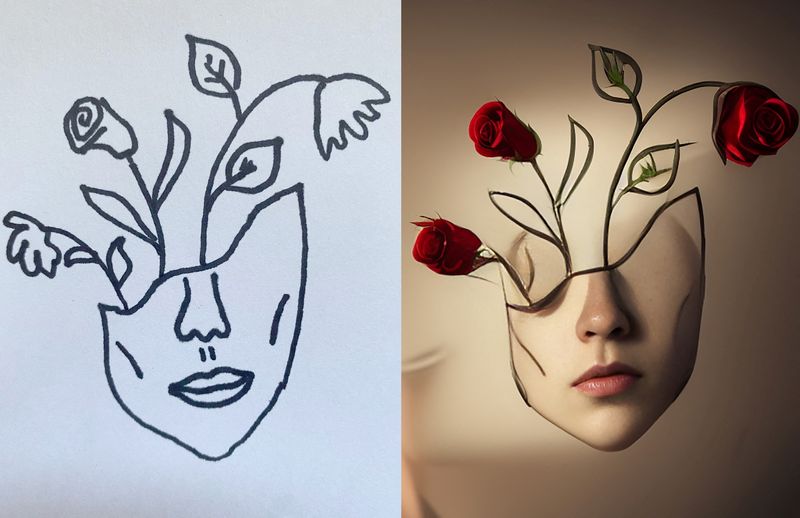 A sketch drawn by Kris Kashtanova, left, that the artist fed into AI program Stable Diffusion and transformed into the resulting image, right, using text prompts.