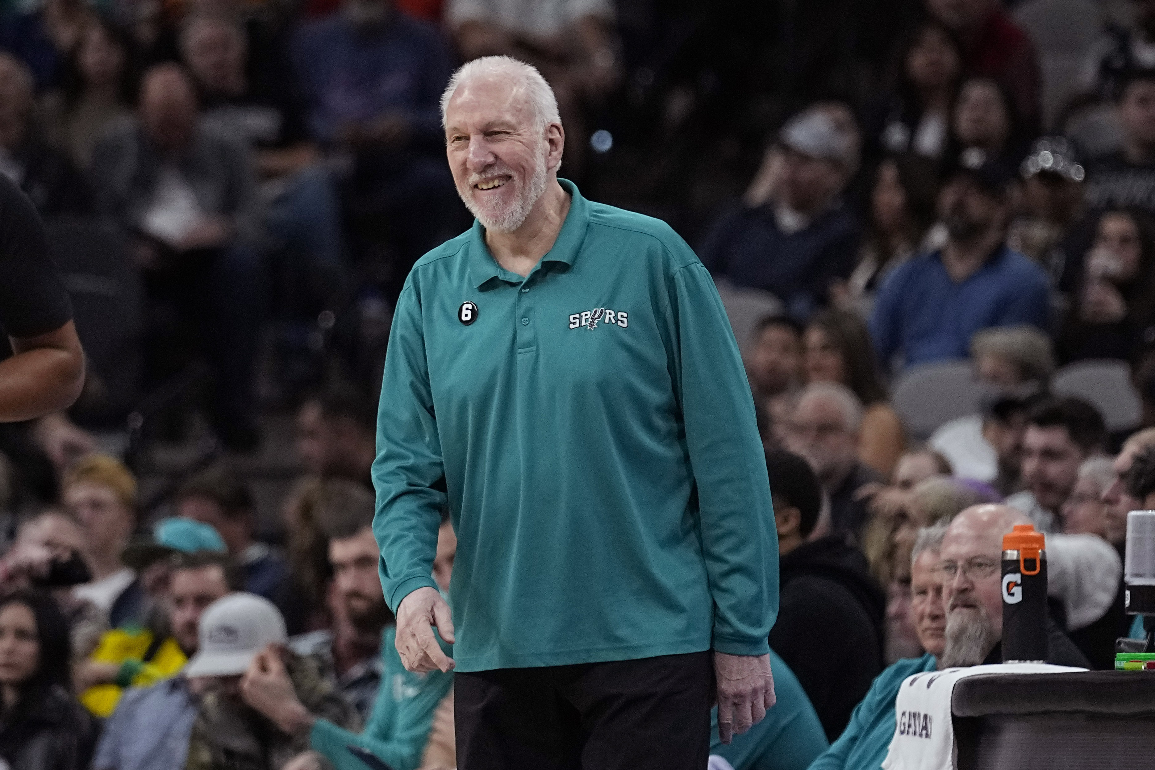 San Antonio Spurs head coach Gregg Popovich reacts to a play during the first half of an NBA basketball game against the Utah Jazz in San Antonio, Wednesday, March 29, 2023.