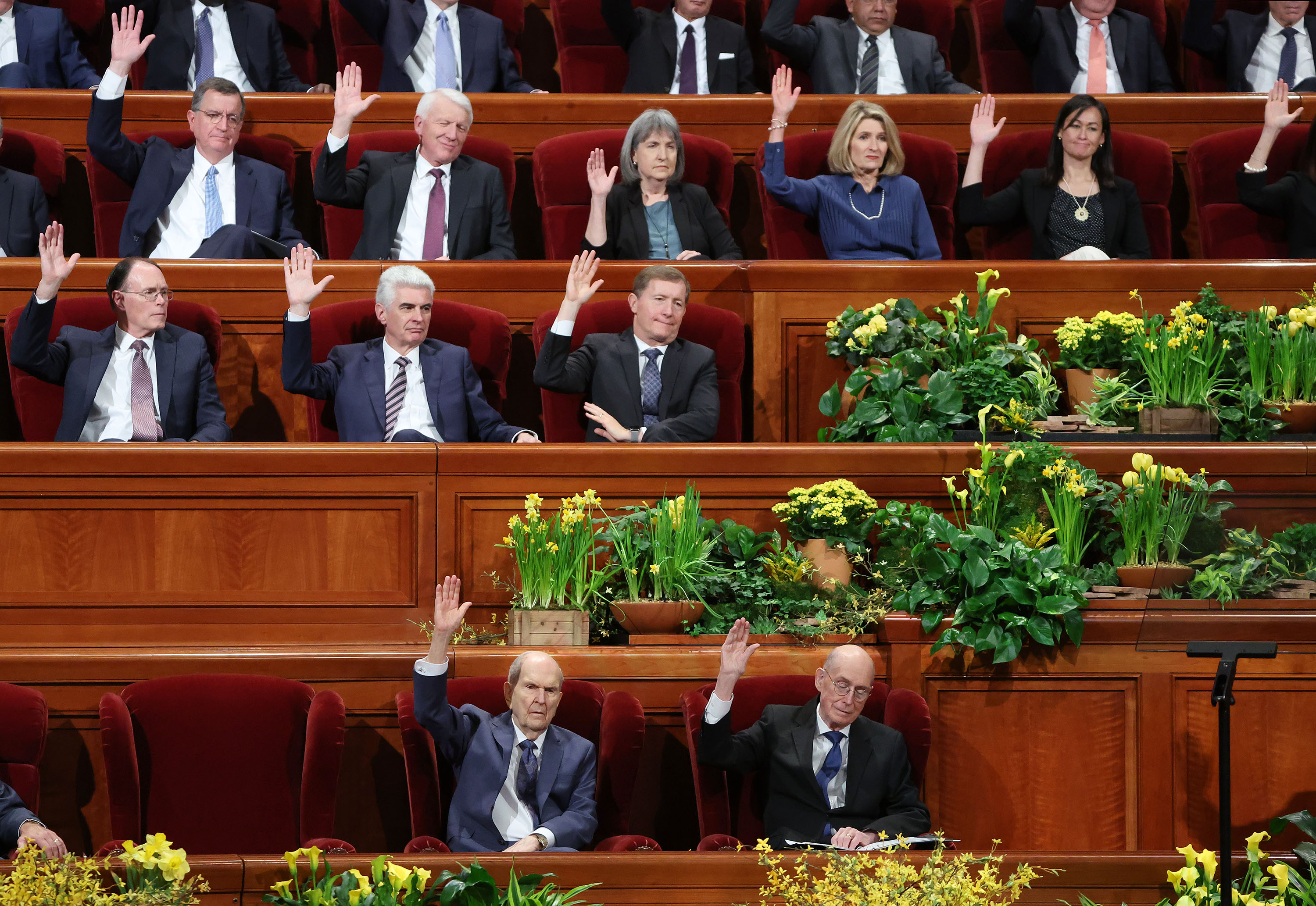 Leaders are sustained during the 193rd Annual General Conference of The Church of Jesus Christ of Latter-day Saints in Salt Lake City on Saturday afternoon.