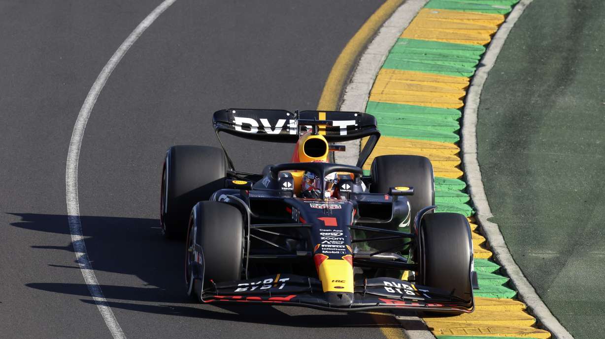 Red Bull driver Max Verstappen of Netherlands leads during the Australian Formula One Grand Prix at Albert Park in Melbourne, Sunday, April 2, 2023.
