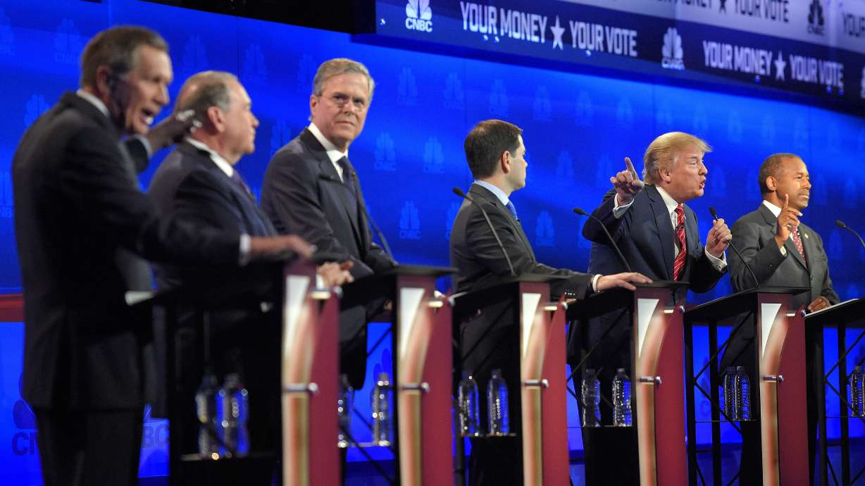From left, Ohio Gov. John Kasich, former Arkansas Gov. Mike Huckabee, former Florida Gov. Jeb Bush, Sen. Marco Rubio, R-Fla., Donald Trump and Ben Carson, in Boulder, Colorado, Oct. 28, 2015. Republicans are still trying to figure out how to run against Trump.