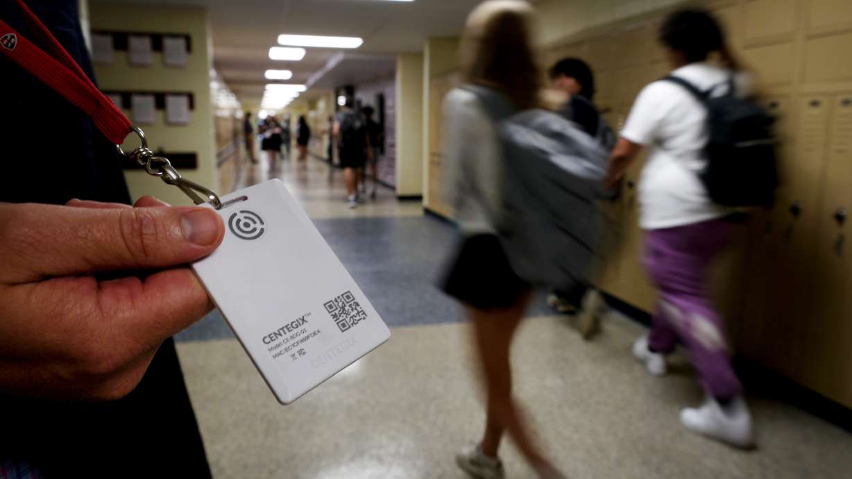 A panic-alert button at Olathe South High School, Aug. 19, 2022, in Olathe, Kansas. In the wake of a deadly elementary school shooting in Tennessee earlier this week, state lawmakers across the country are moving forward with school safety measures.