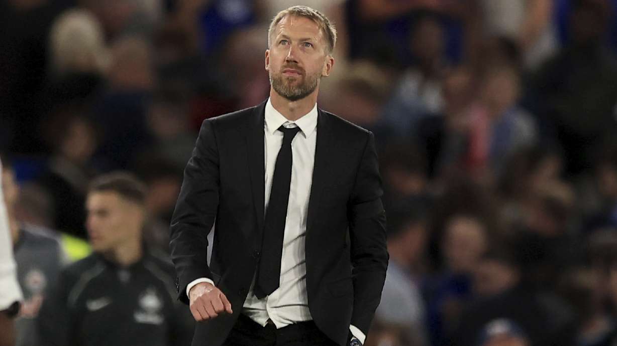 FILE - Chelsea Manager Graham Potter watches during the champions League soccer match between Chelsea and Red Bull Salzburg at the Stamford Bridge in London, England, in London , England, Wednesday, Sept. 14, 2022. Chelsea has fired manager Graham Potter with the club languishing in the middle of the Premier League standings despite spending more than $600 million on players in the last two transfer windows. The team announced Potter's departure on Sunday, April 2, 2023.