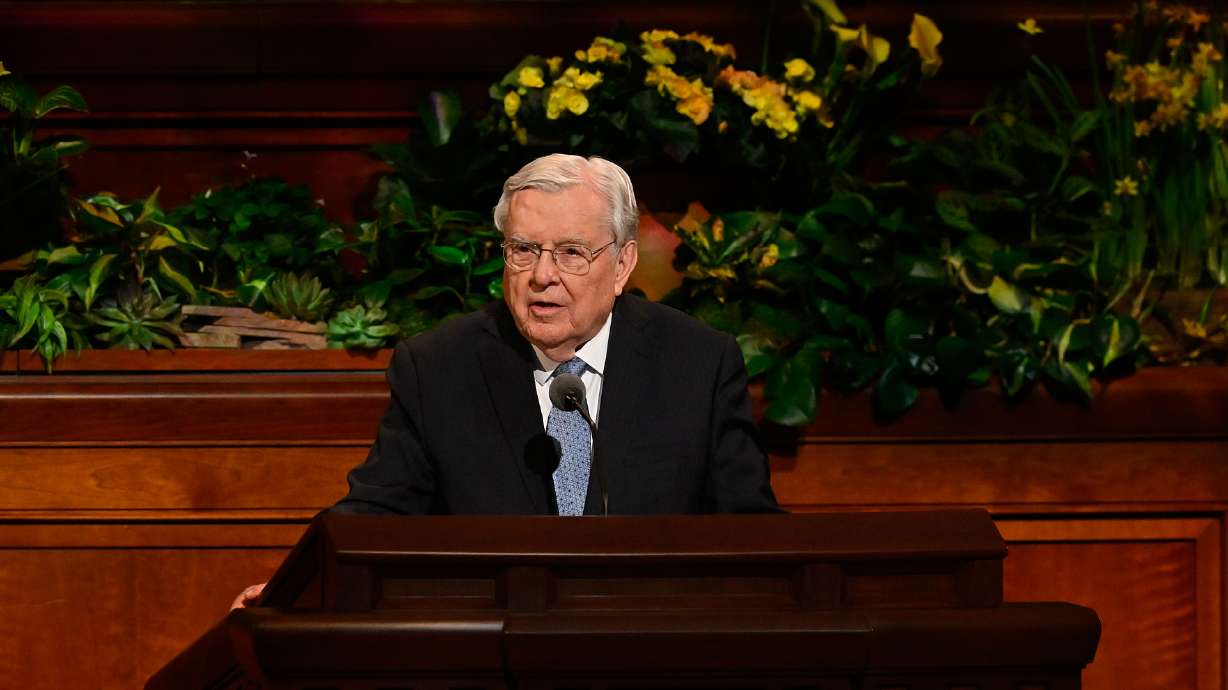 President M. Russell Ballard, acting president of the Quorum of the Twelve Apostles, speaks during the 193rd Annual General Conference on April 2. The church announced Tuesday that President Ballard's funeral will be held on Friday.