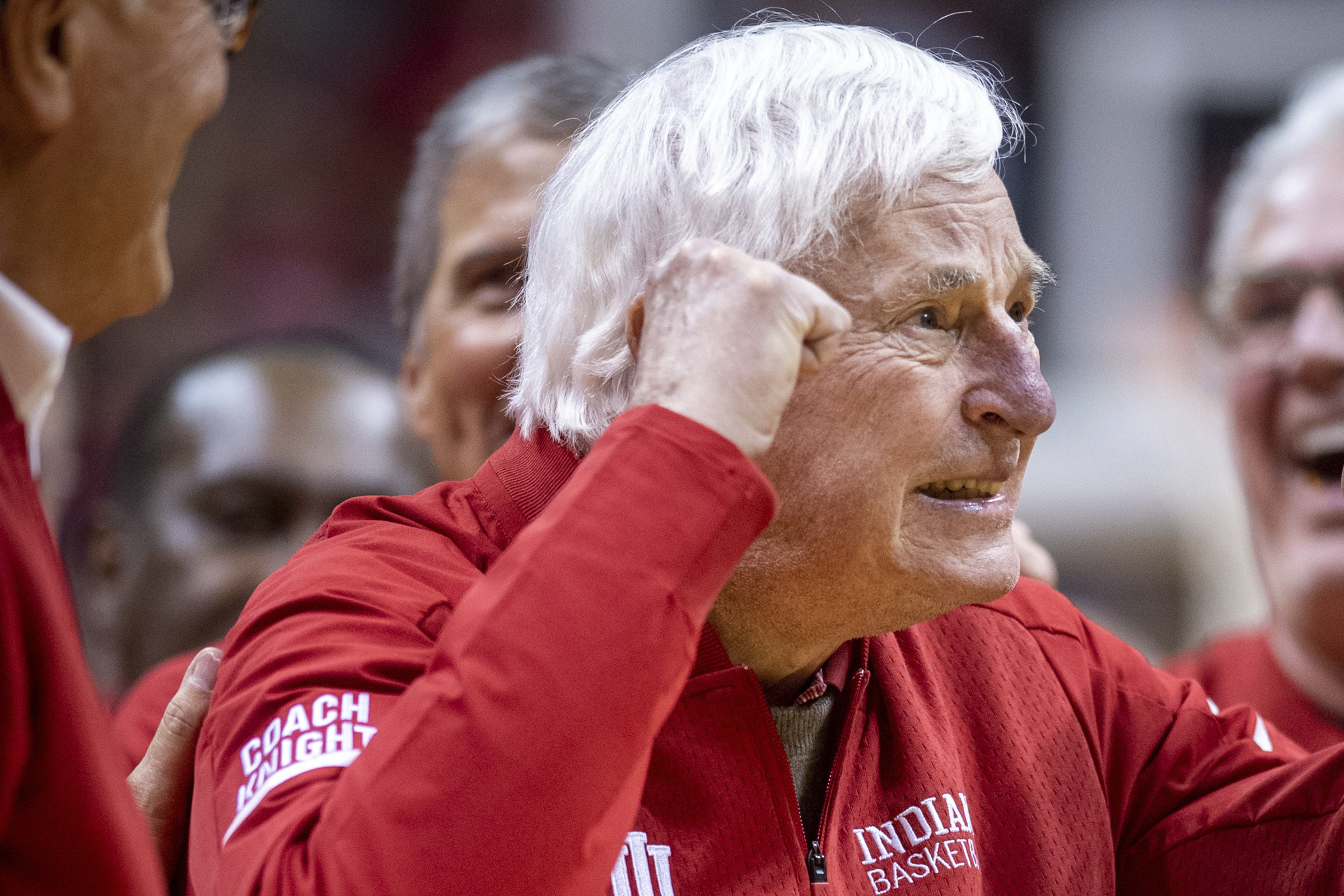 FILE - Former Indiana basketball head coach Bobby Knight makes an appearance at Indiana University in Bloomington, Ind., Feb. 8, 2020. Former Indiana Hoosiers coach Bob Knight was hospitalized over the weekend with an undisclosed illness but was not listed as a patient on Monday, April 3, 2023, at two hospitals in Bloomington, Indiana, where he lives. 