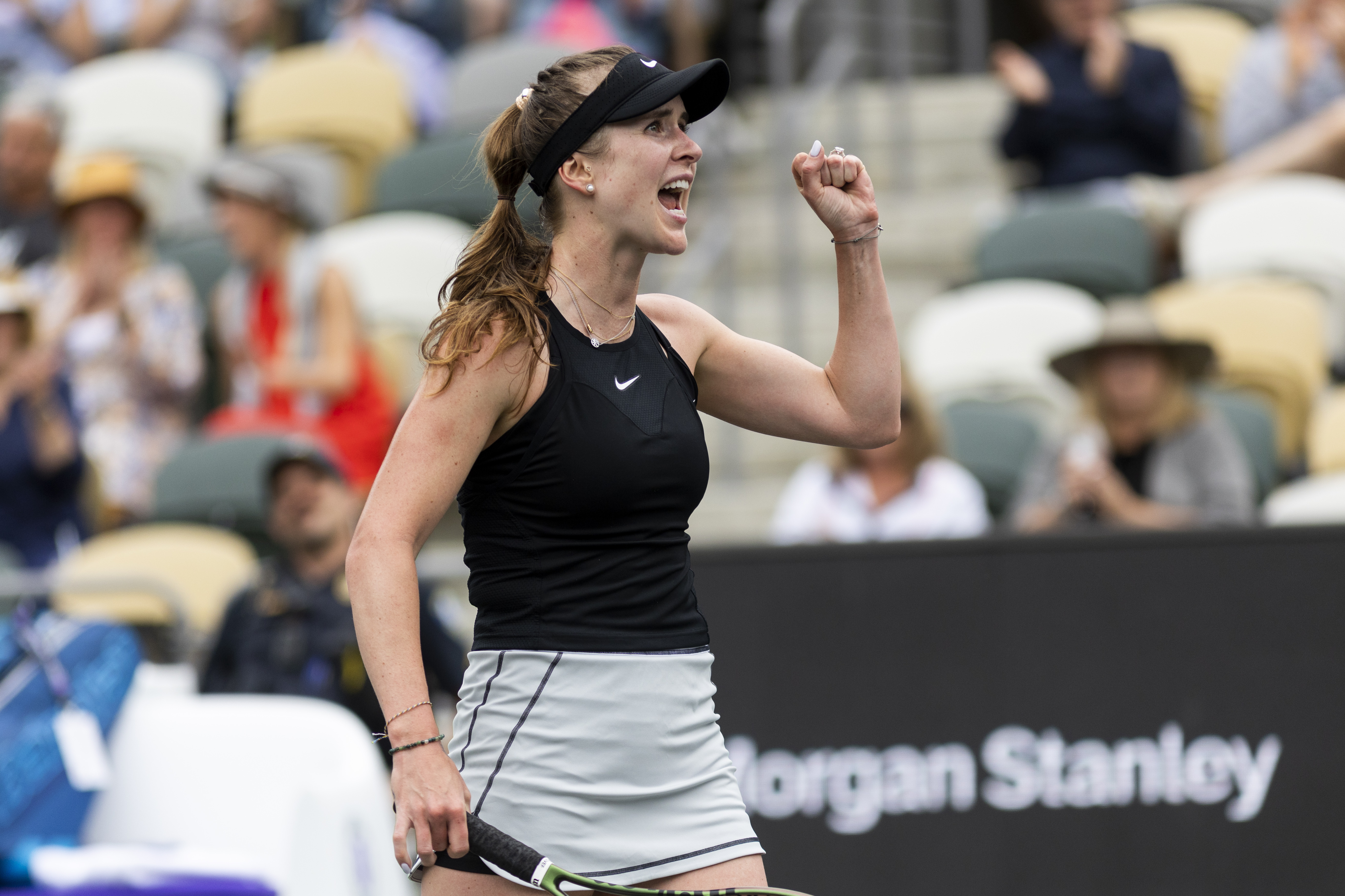 Elina Svitolina, of Ukraine, reacts after a shot against Yulia Putintseva, of Kazakhstan, during action at the Charleston Open tennis tournament in Charleston, S.C., Monday, April 3, 2023. 