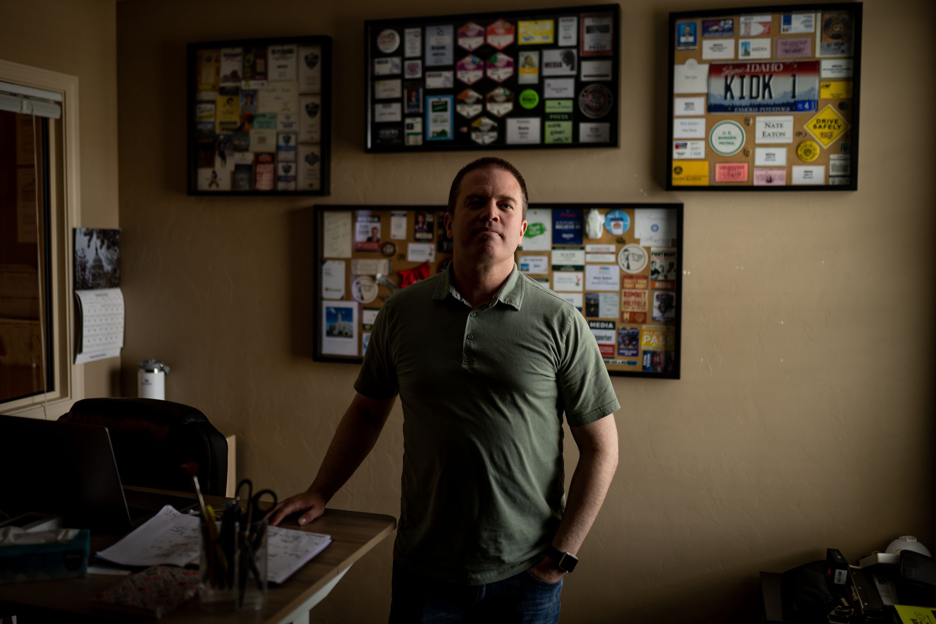 Nate Eaton, co-founder of East Idaho News, poses for a photo in his office at the news outlet in Idaho Falls, Idaho, on March 29.