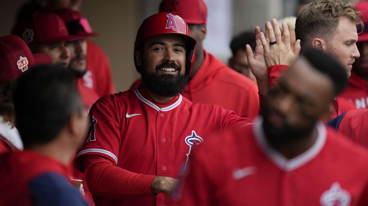 Los Angeles Angels' Anthony Rendon celebrates in the dugout after scoring off of a home run hit by Jo Adell during the first inning of a spring training baseball game against the Arizona Diamondbacks in Scottsdale, Ariz., Tuesday, March 21, 2023.