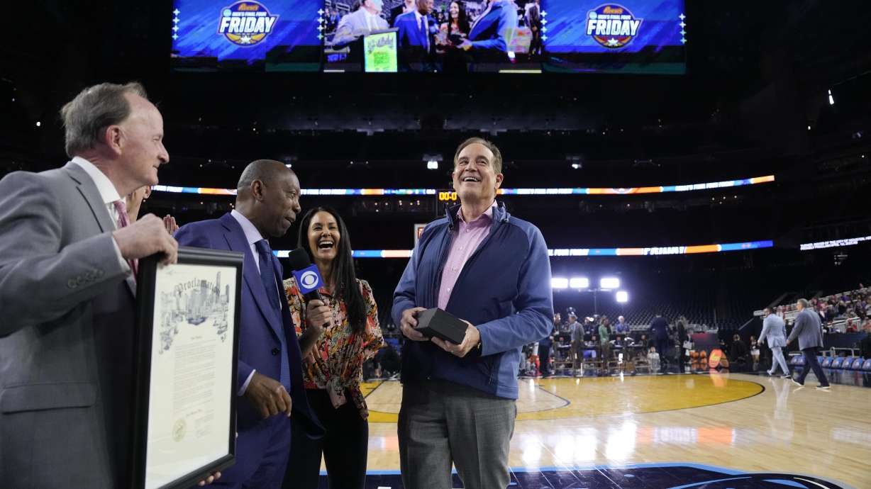Broadcaster Jim Nantz is honored during practices for the Final Four college basketball games in the NCAA Tournament on Friday, March 31, 2023, in Houston. Nantz's near four-decade career covering March Madness ends after Monday's final between UConn and San Diego State.