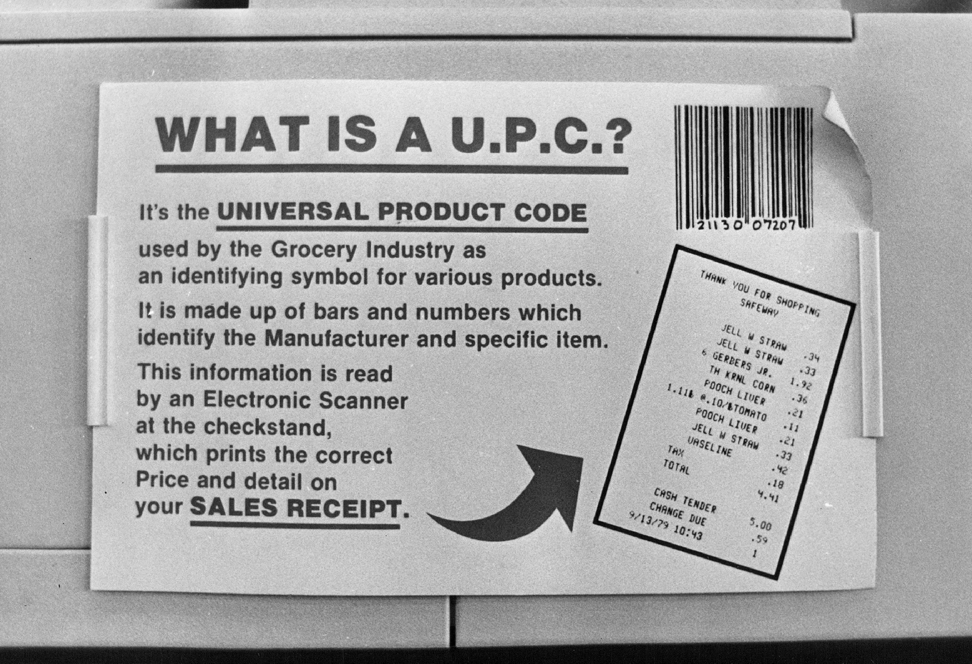 A sign from 1980 introduces the UPC to shoppers at a supermarket checkout in Aurora, Denver. The barcode is turning 50 years old.