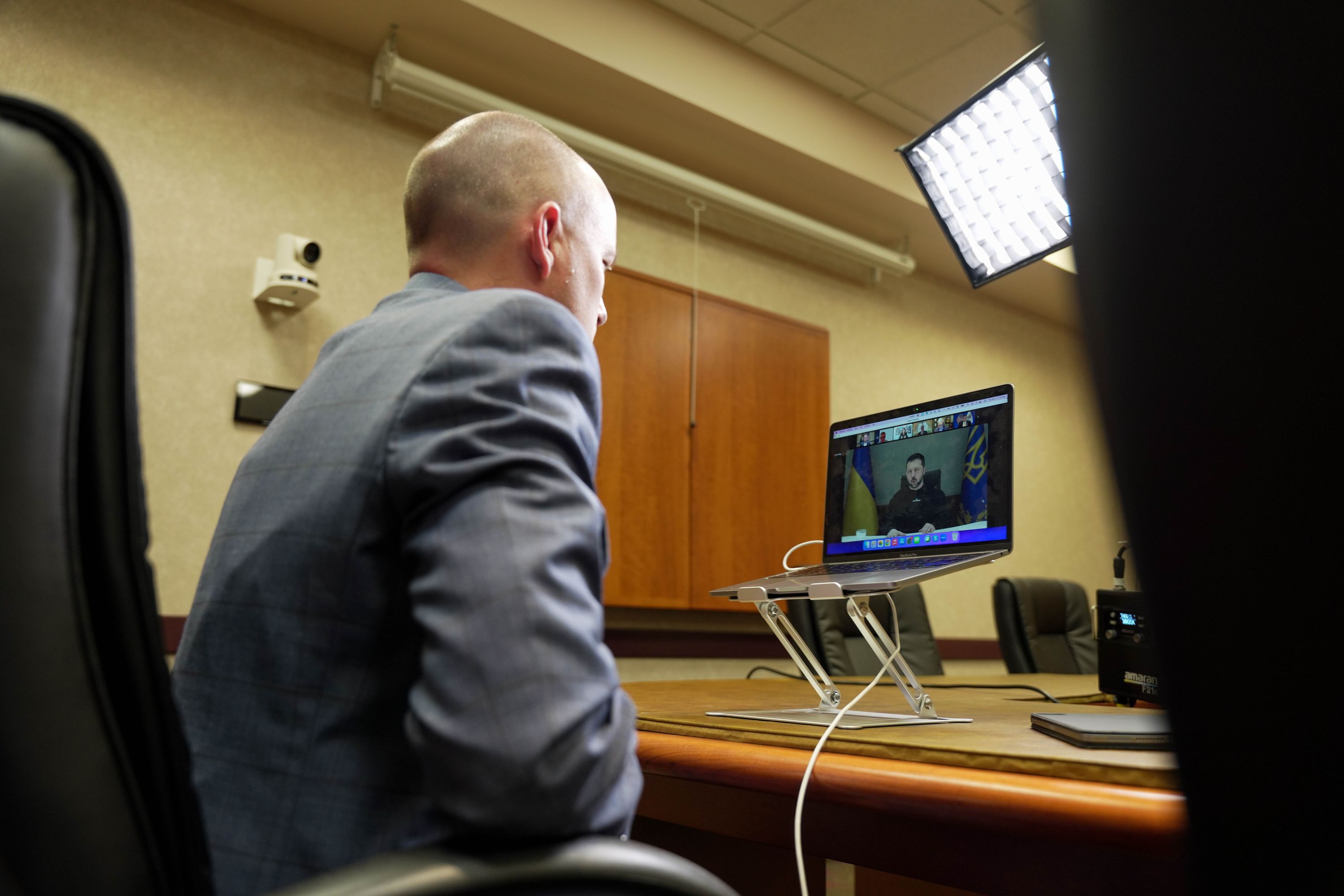 Gov. Spencer Cox participates in a National Governors Association video call with Ukrainian President Volodymyr Zelenskyy on Tuesday. Cox is vice chairman of the association.