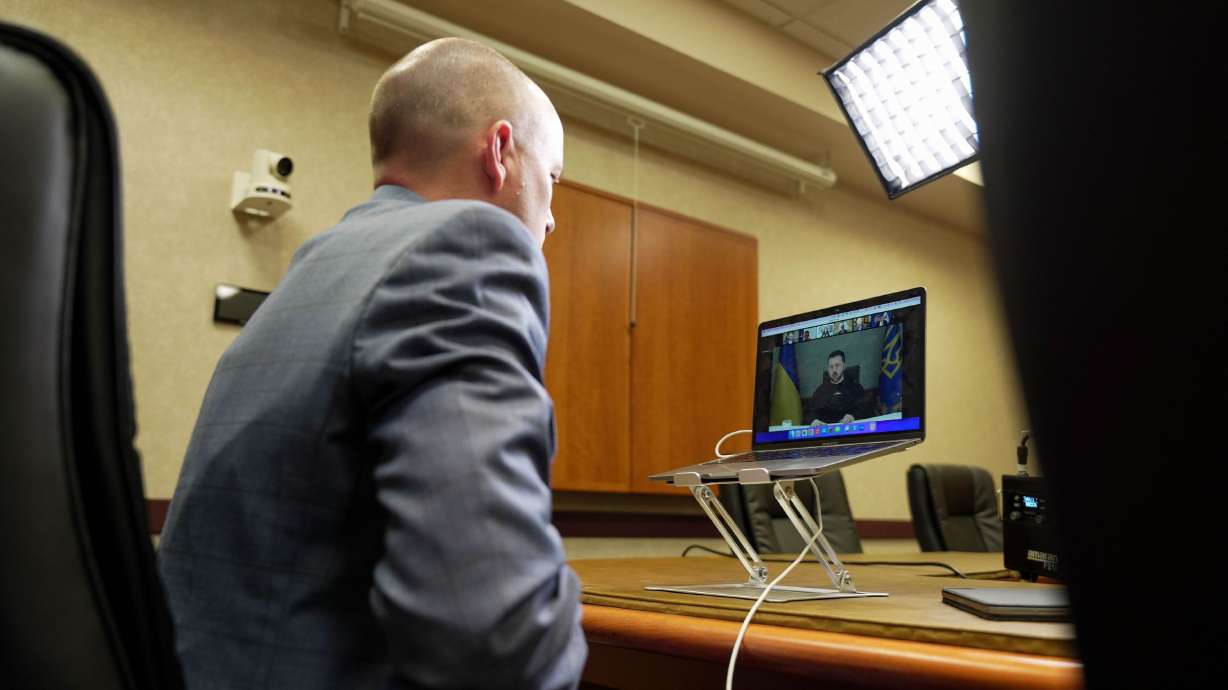 Gov. Spencer Cox participates in a National Governors Association video call with Ukrainian President Volodymyr Zelenskyy on Tuesday. Cox is vice chairman of the association.
