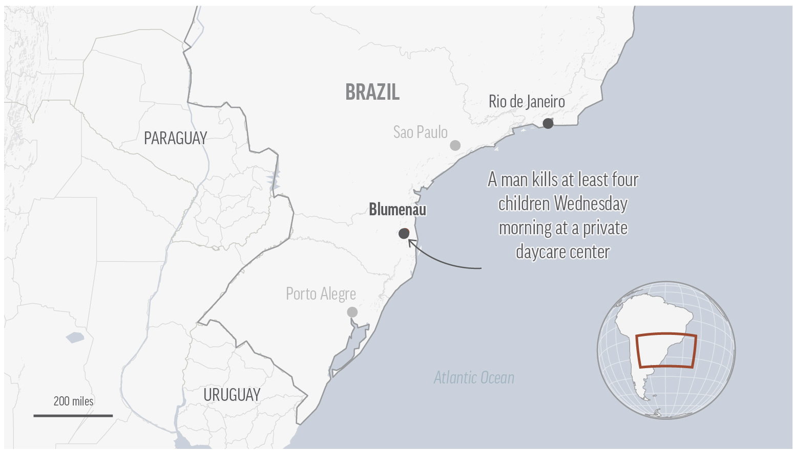 A man invaded a daycare center and killed at least four children in Blumenau, Brazil