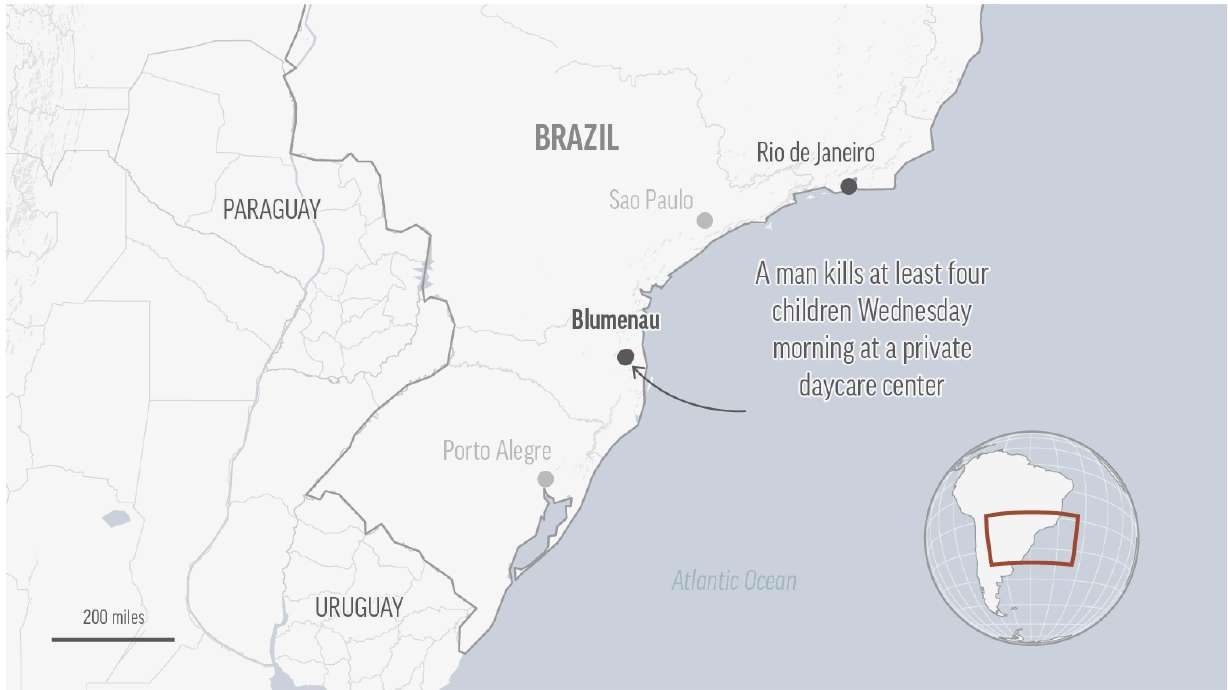 A man invaded a daycare center and killed at least four children in Blumenau, Brazil