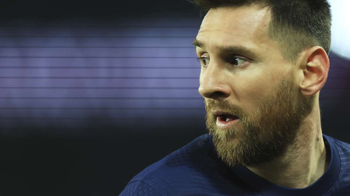 PSG's Lionel Messi reacts during the French League One soccer match between Paris Saint-Germain and Lyon at the Parc des Princes stadium in Paris, Sunday, April 2, 2023.