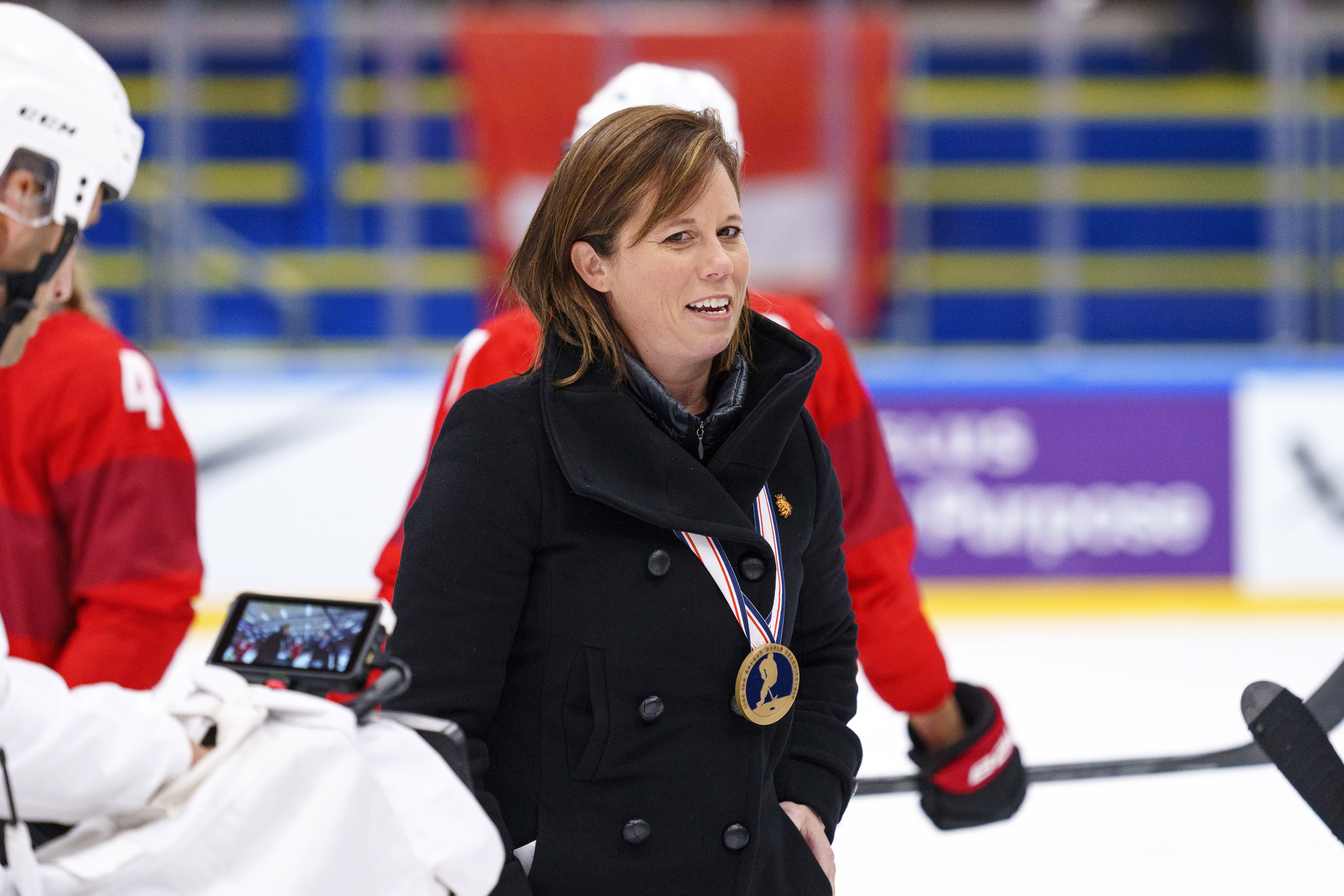 FILE - Czech Republic head coach Carla Macleod reacts after her team won bronze after beating Switzerland at the IIHF World Championship Women's hockey championships in Herning, Denmark, Sunday, Sept. 4, 2022. Eager as coach Carla MacLeod is to see how her Czech Republic team handles the pressure of making its Group A debut at the women's world hockey championships, the two-time Canadian Olympian understood the reality of the situation before the tournament even opened on Wednesday. 