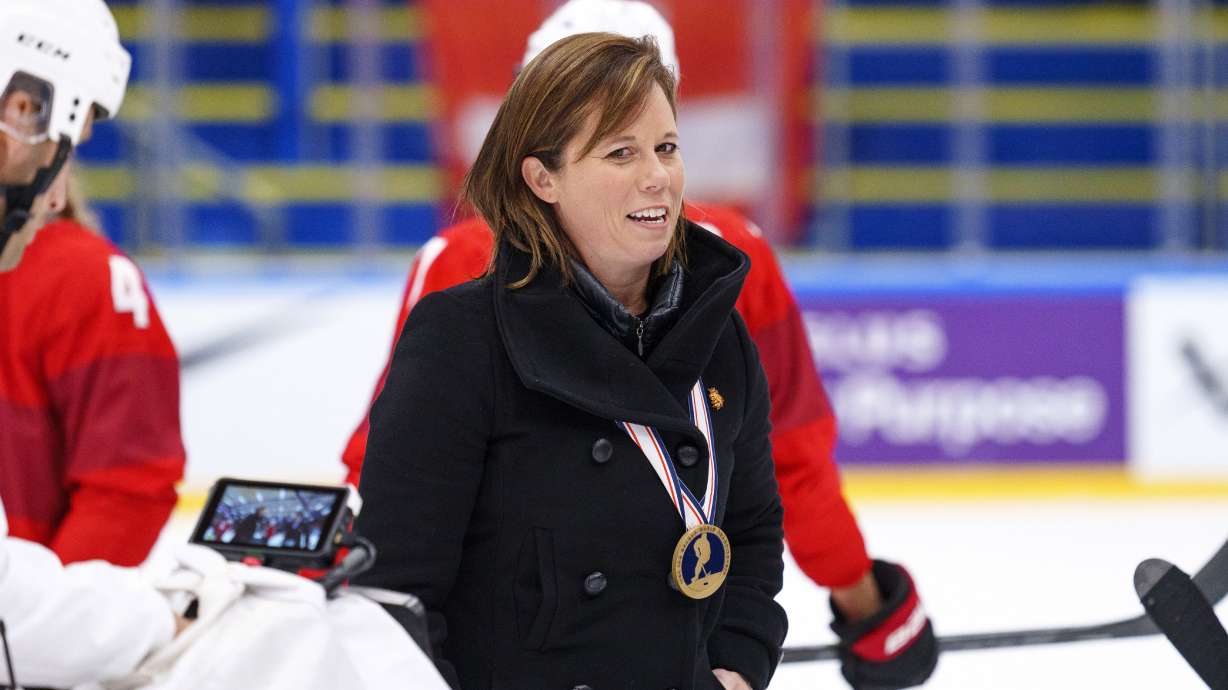 FILE - Czech Republic head coach Carla Macleod reacts after her team won bronze after beating Switzerland at the IIHF World Championship Women's hockey championships in Herning, Denmark, Sunday, Sept. 4, 2022. Eager as coach Carla MacLeod is to see how her Czech Republic team handles the pressure of making its Group A debut at the women's world hockey championships, the two-time Canadian Olympian understood the reality of the situation before the tournament even opened on Wednesday.