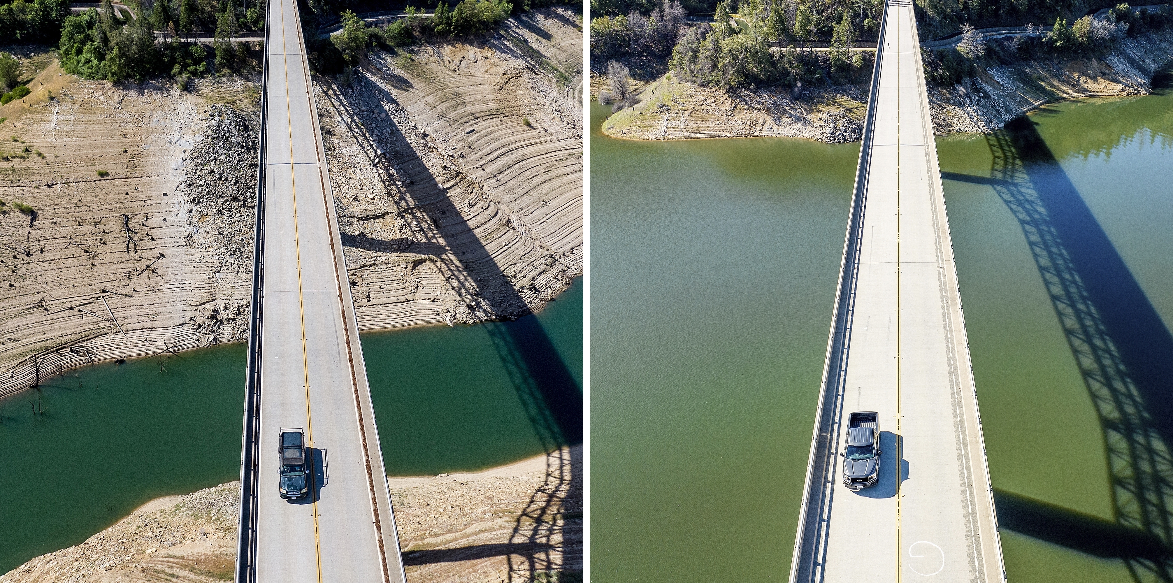 A car crosses Enterprise Bridge over Lake Oroville's dry banks on May 23, 2021, left, and the same location on March 26 in Butte County, Calif. An unprecedented series of powerful storms has replenished most of California's reservoirs.