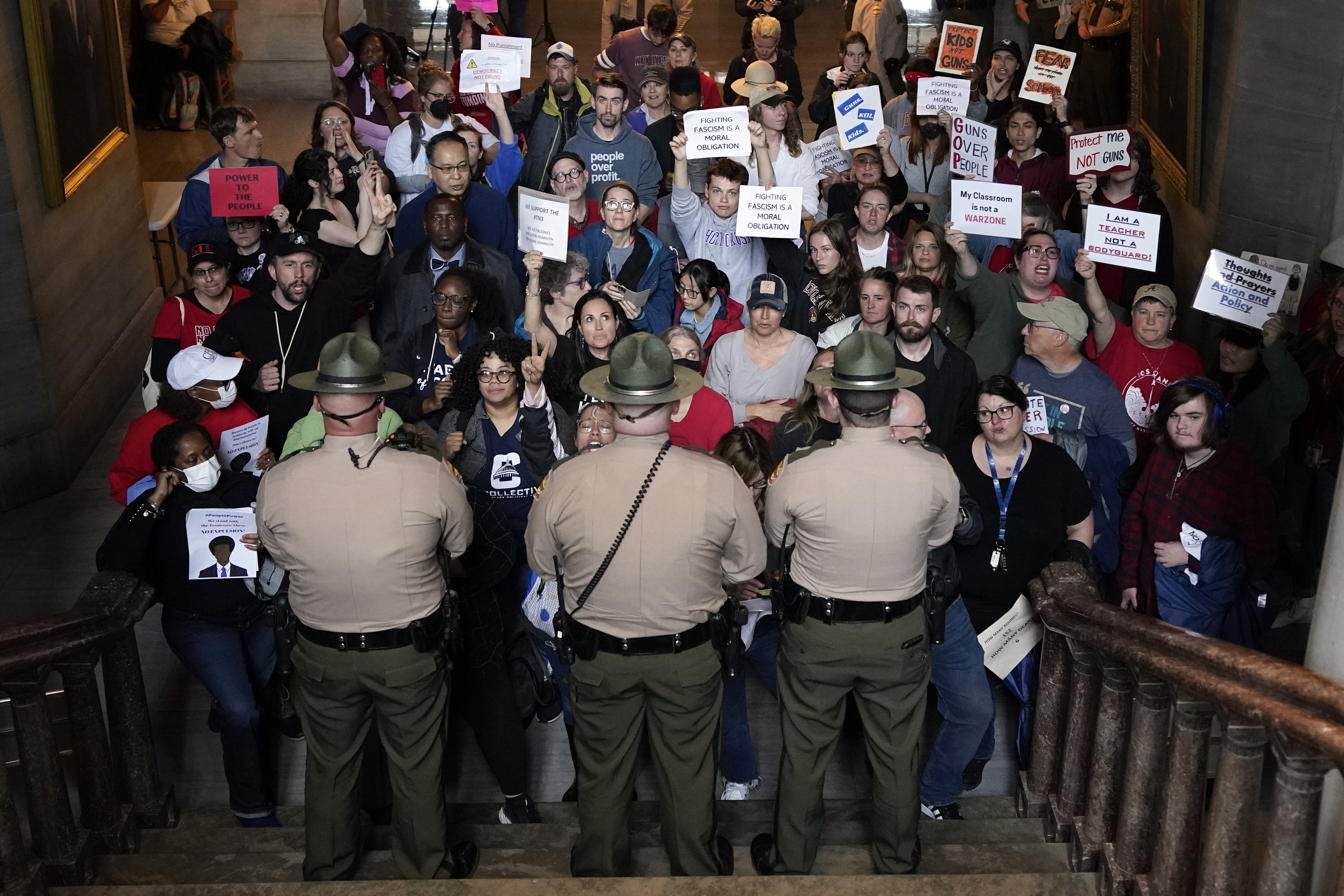 Tennessee State Troopers block the stairwell leading to the legislative chambers Thursday, in Nashville, Tenn.