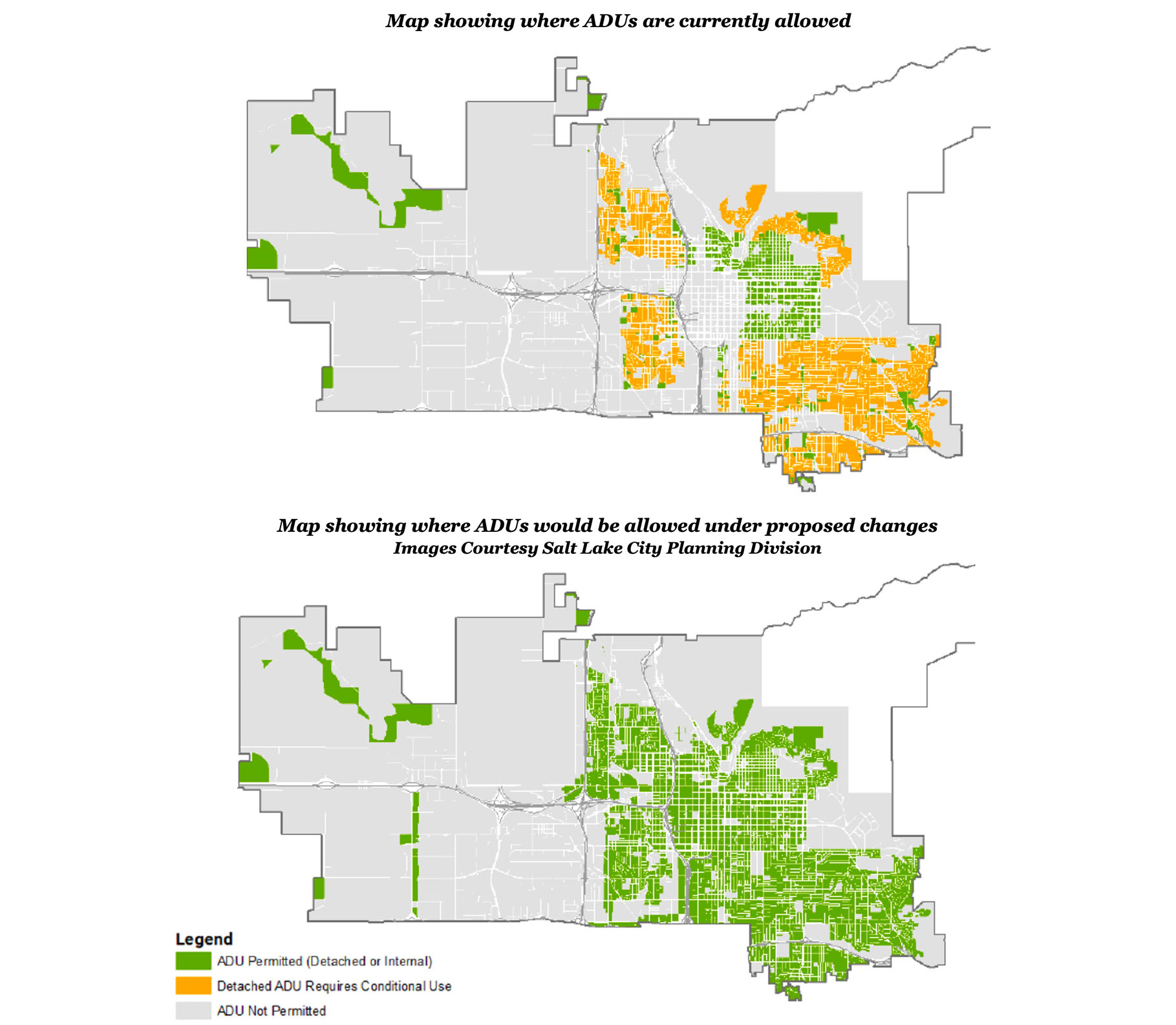 These maps show where detached or internal accessory dwelling units are allowed in Salt Lake City. The top map shows the previous code, where many ADUs contained conditional use requirements (in yellow). The bottom map shows that those requirements are now eliminated.