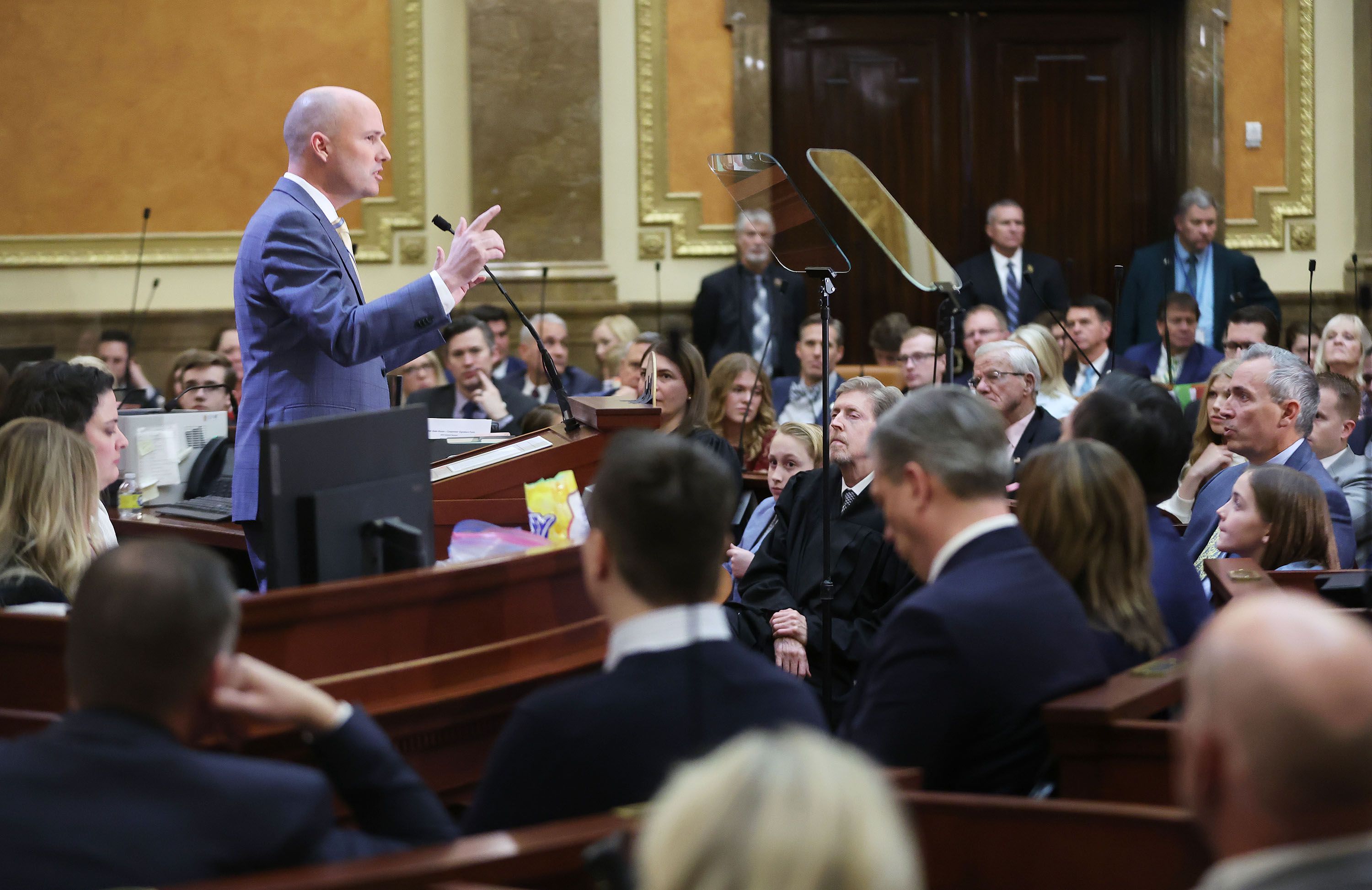 Gov. Spencer Cox delivers his 2023 State of the State address to the Utah Legislature at the Capitol in Salt Lake City on Jan. 19. He warned lawmakers after this year's session that if they continue rushing bills through with little input, they will lose the public's trust.