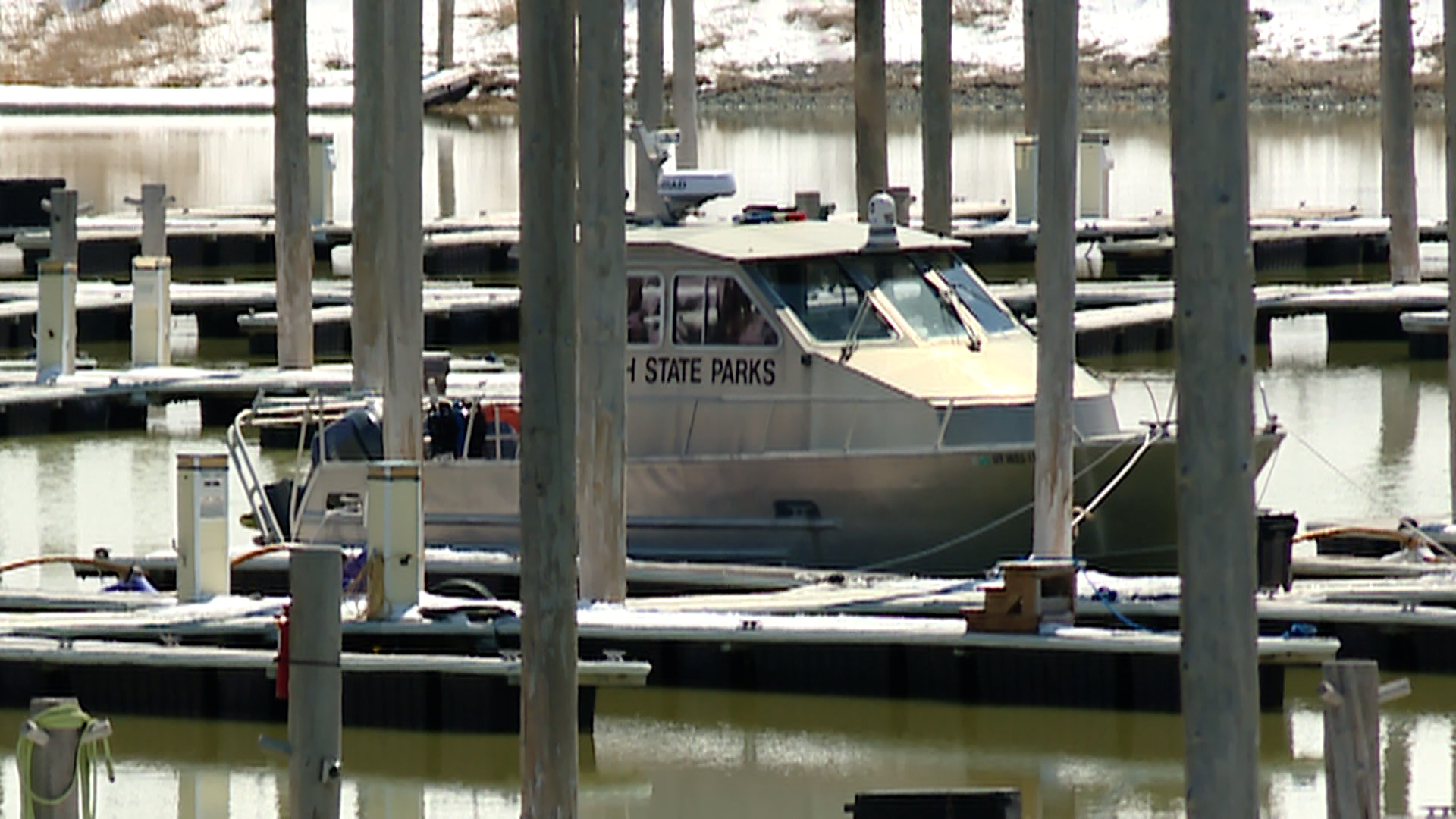 A search and rescue boat is docked at the Great Salt Lake on Thursday. The water level is rising after recent storms.