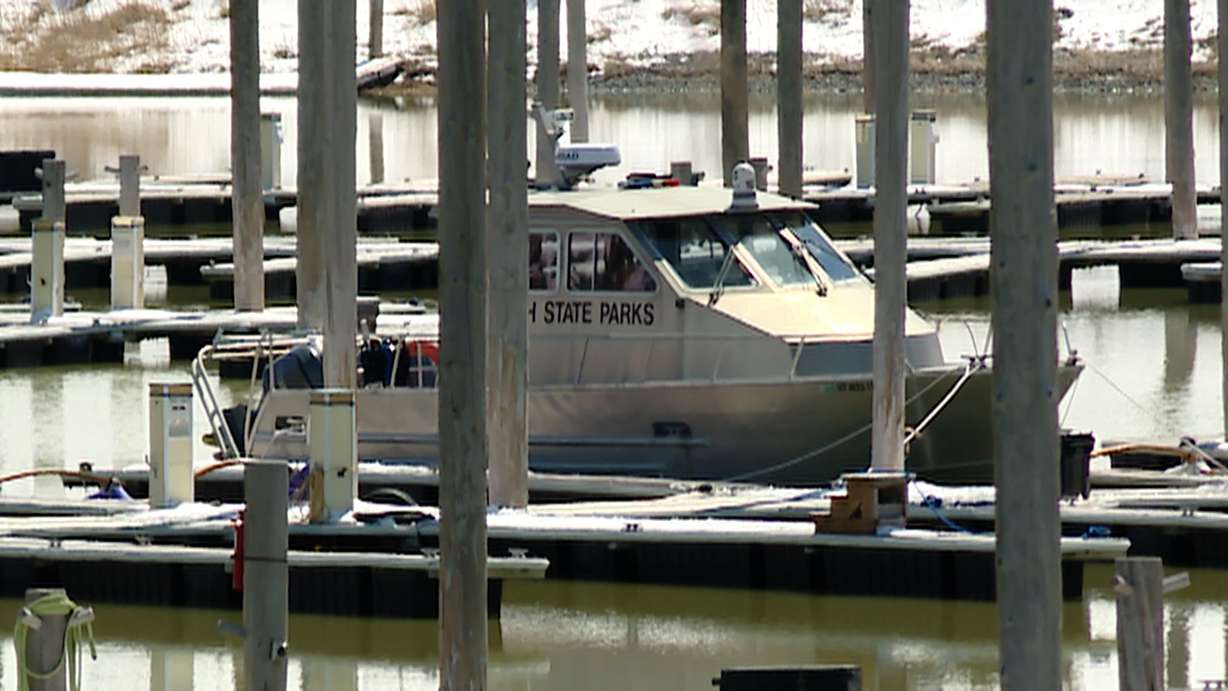 A search and rescue boat is docked at the Great Salt Lake on Thursday. The water level is rising after recent storms.