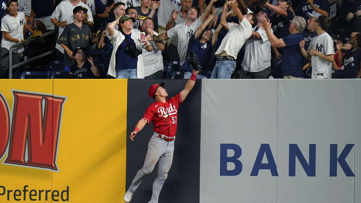 Cincinnati Reds' Stuart Fairchild (57) chases a ball hit by New York Yankees' Giancarlo Stanton for a home run July 13, 2022, in New York. A new study released Friday finds that climate change is making major league sluggers into even hotter hitters, sending an extra 50 or so home runs a year over the fences.