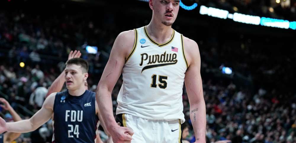 FILE - Purdue center Zach Edey (15) reacts after being fouled by Fairleigh Dickinson in the second half of a first-round college basketball game in the men's NCAA Tournament in Columbus, Ohio, Friday, March 17, 2023. Edey was honored Friday, March 31, 2023, as The Associated Press men's college basketball Player of the Year. 